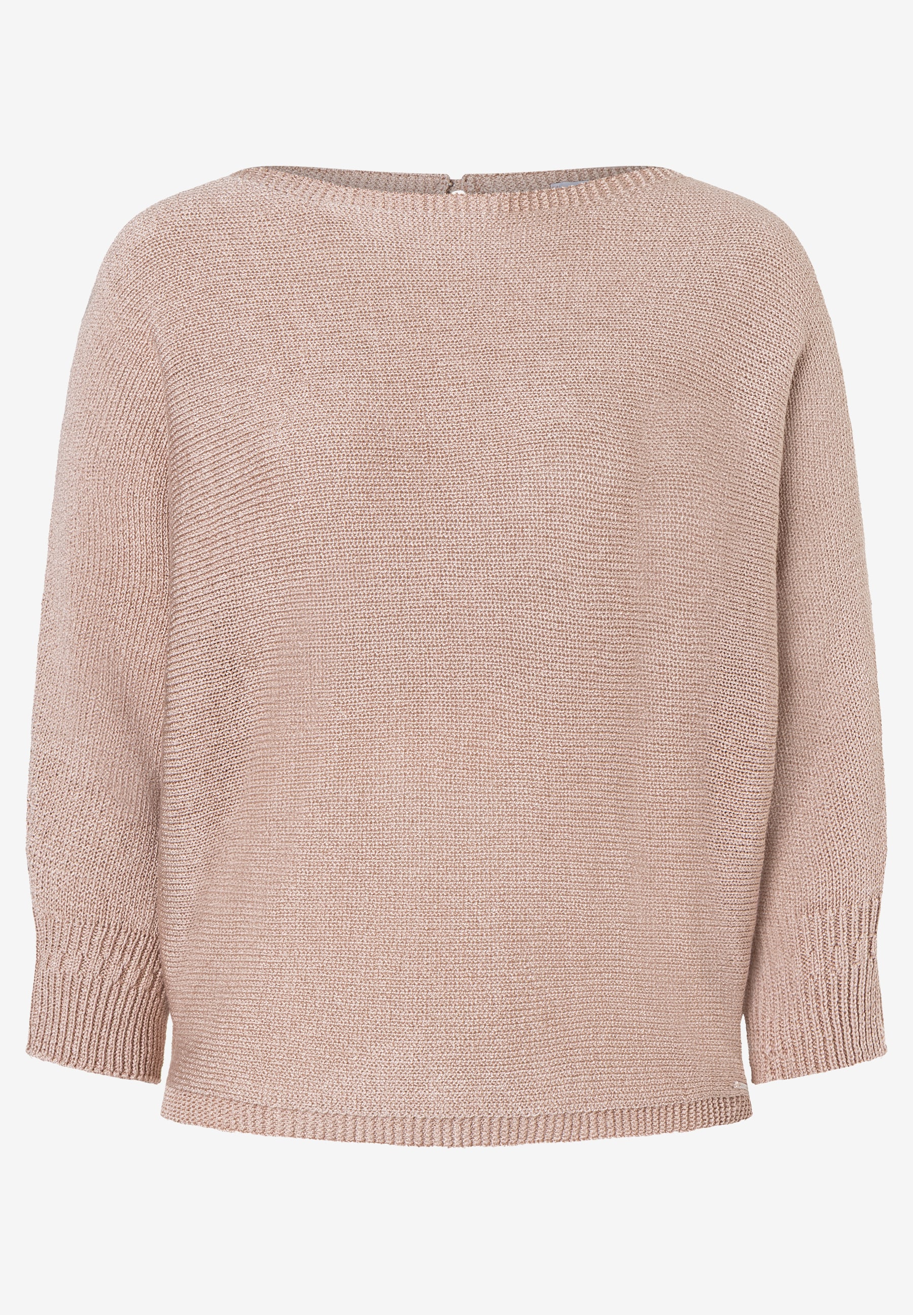 Ein rosafarbener Strickpullover von MORE & MORE mit glänzender Optik und Dreiviertelärmeln vor einem weißen Hintergrund. Ein rosafarbener Strickpullover von MORE & MORE mit glänzender Optik und Dreiviertelärmeln vor einem weißen Hintergrund.