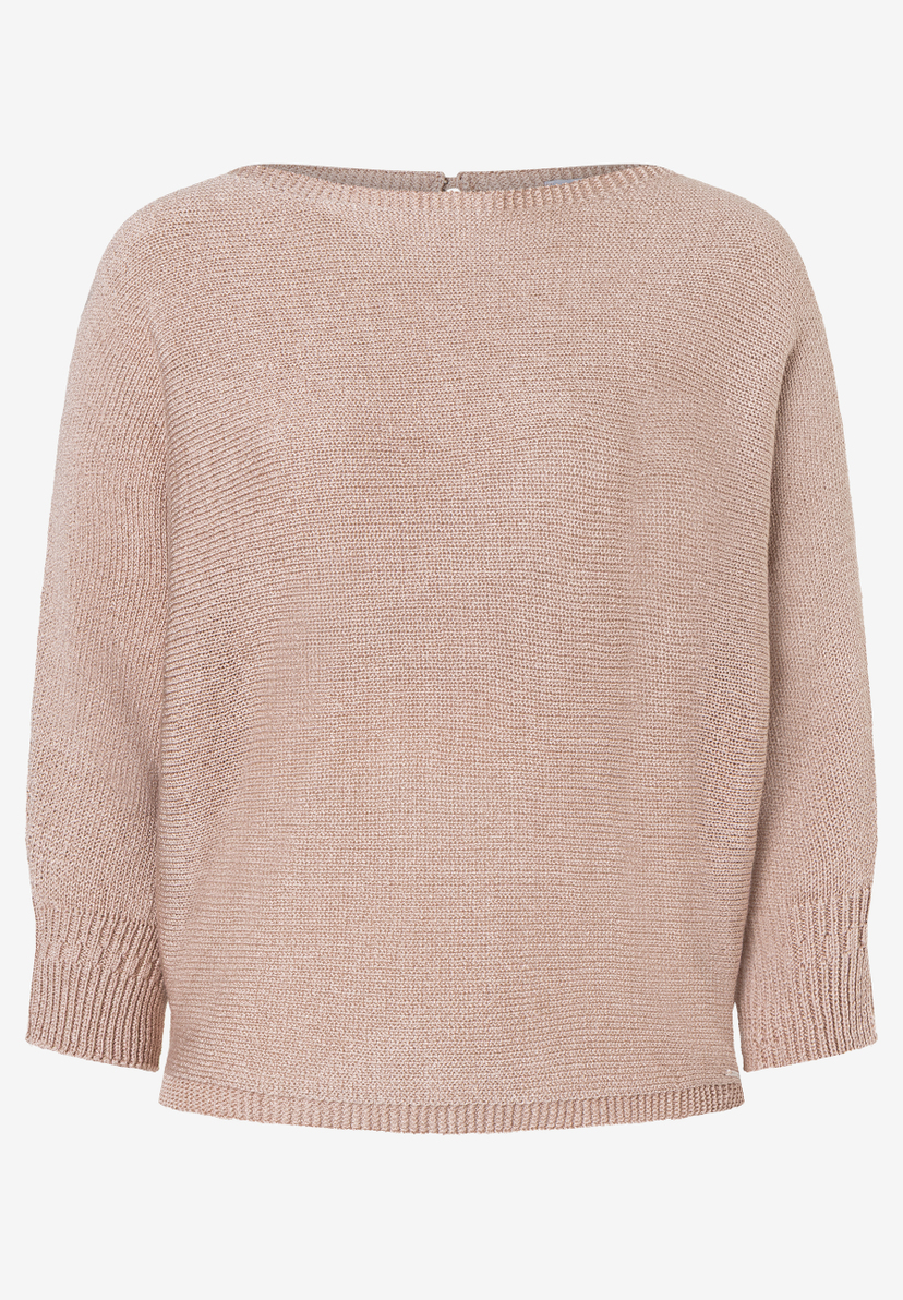 Ein rosafarbener Strickpullover von MORE & MORE mit glänzender Optik und Dreiviertelärmeln vor einem weißen Hintergrund. Ein rosafarbener Strickpullover von MORE & MORE mit glänzender Optik und Dreiviertelärmeln vor einem weißen Hintergrund.