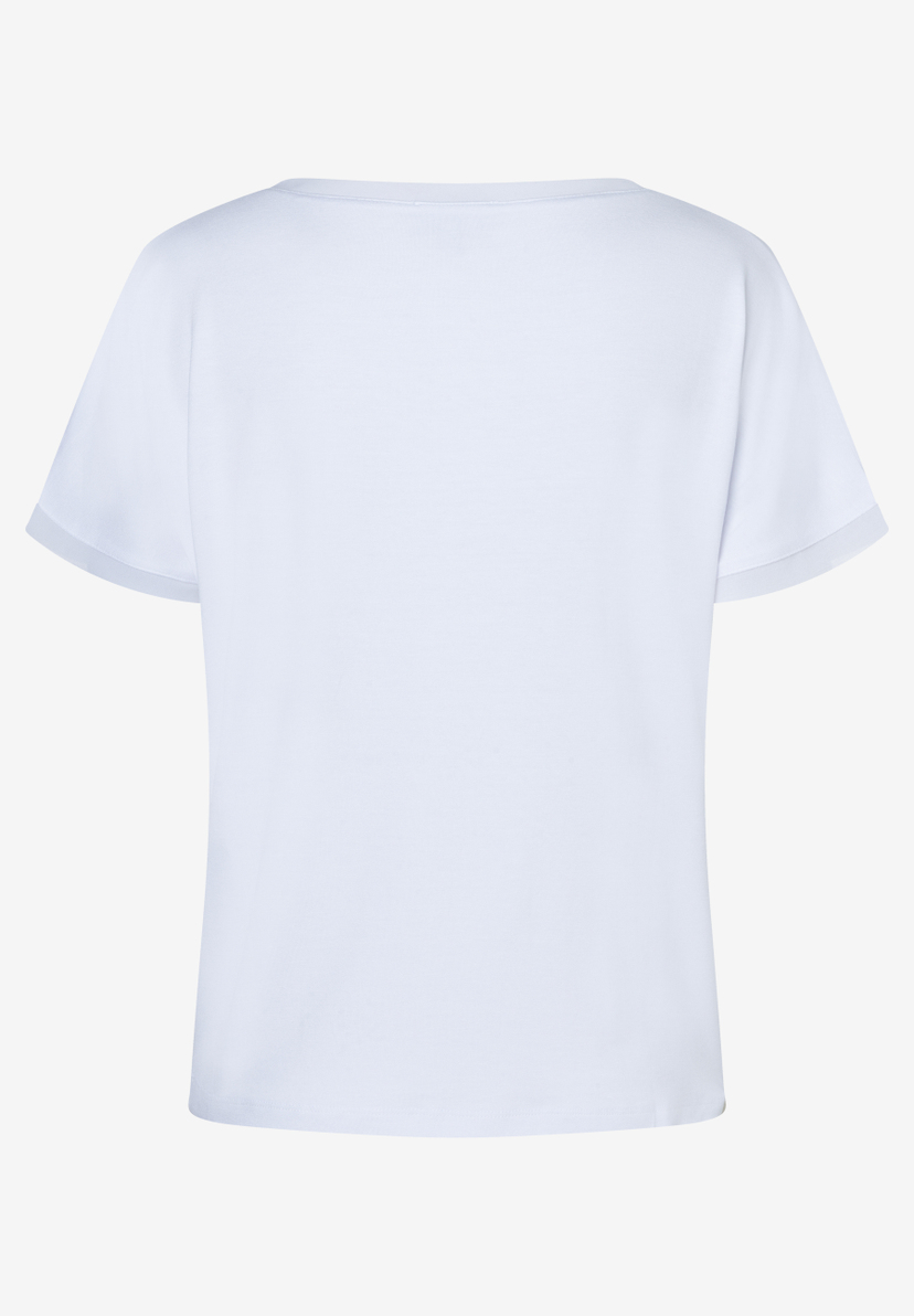 MORE & MORE weißes T-Shirt aus elastischem Jersey-Material, Rückansicht. MORE & MORE weißes T-Shirt aus elastischem Jersey-Material, Rückansicht.