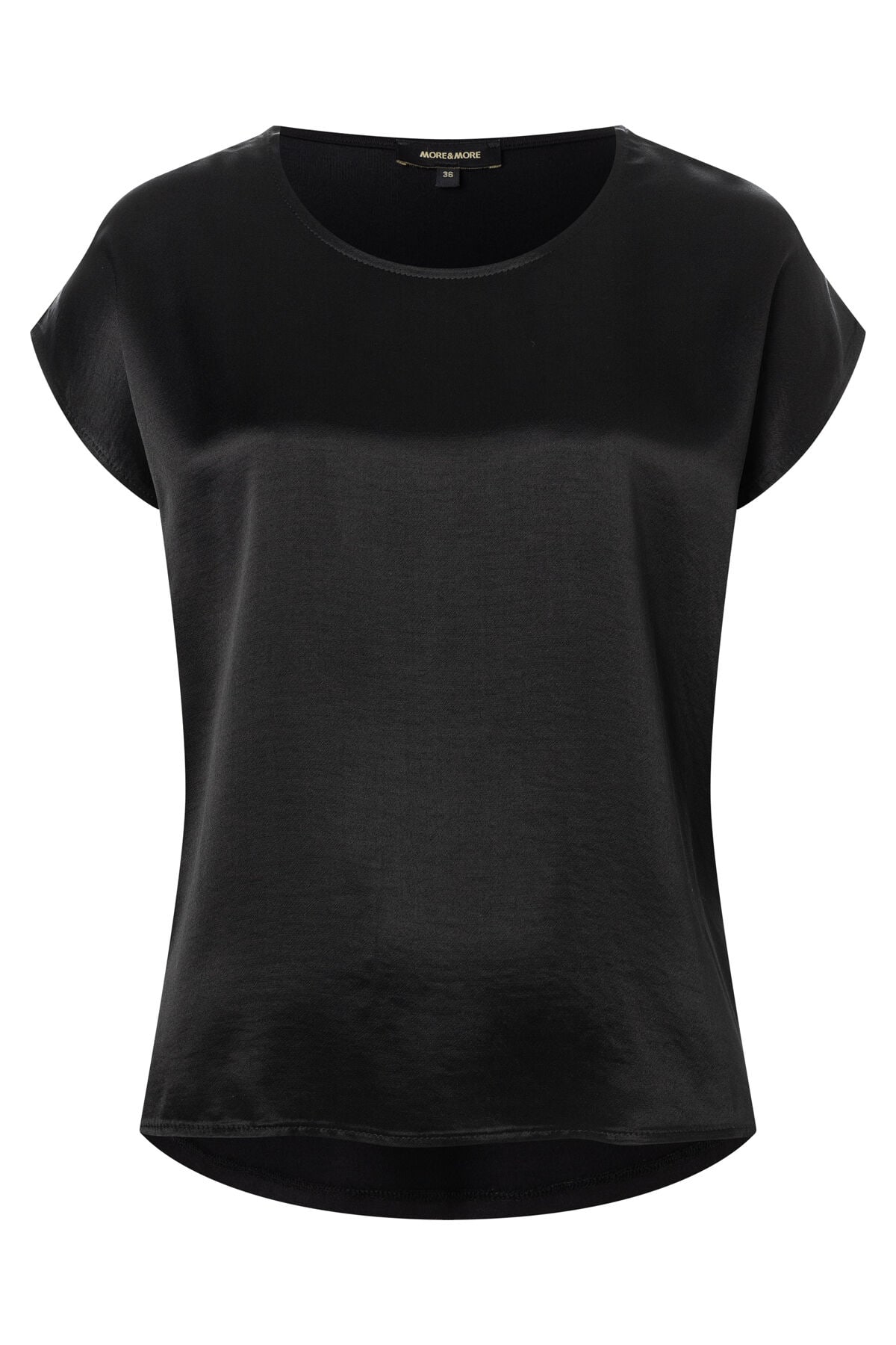 Schwarzes MORE & MORE Top aus glänzendem Satin-Material mit kurzem Ärmel. Schwarzes MORE & MORE Top aus glänzendem Satin-Material mit kurzem Ärmel.