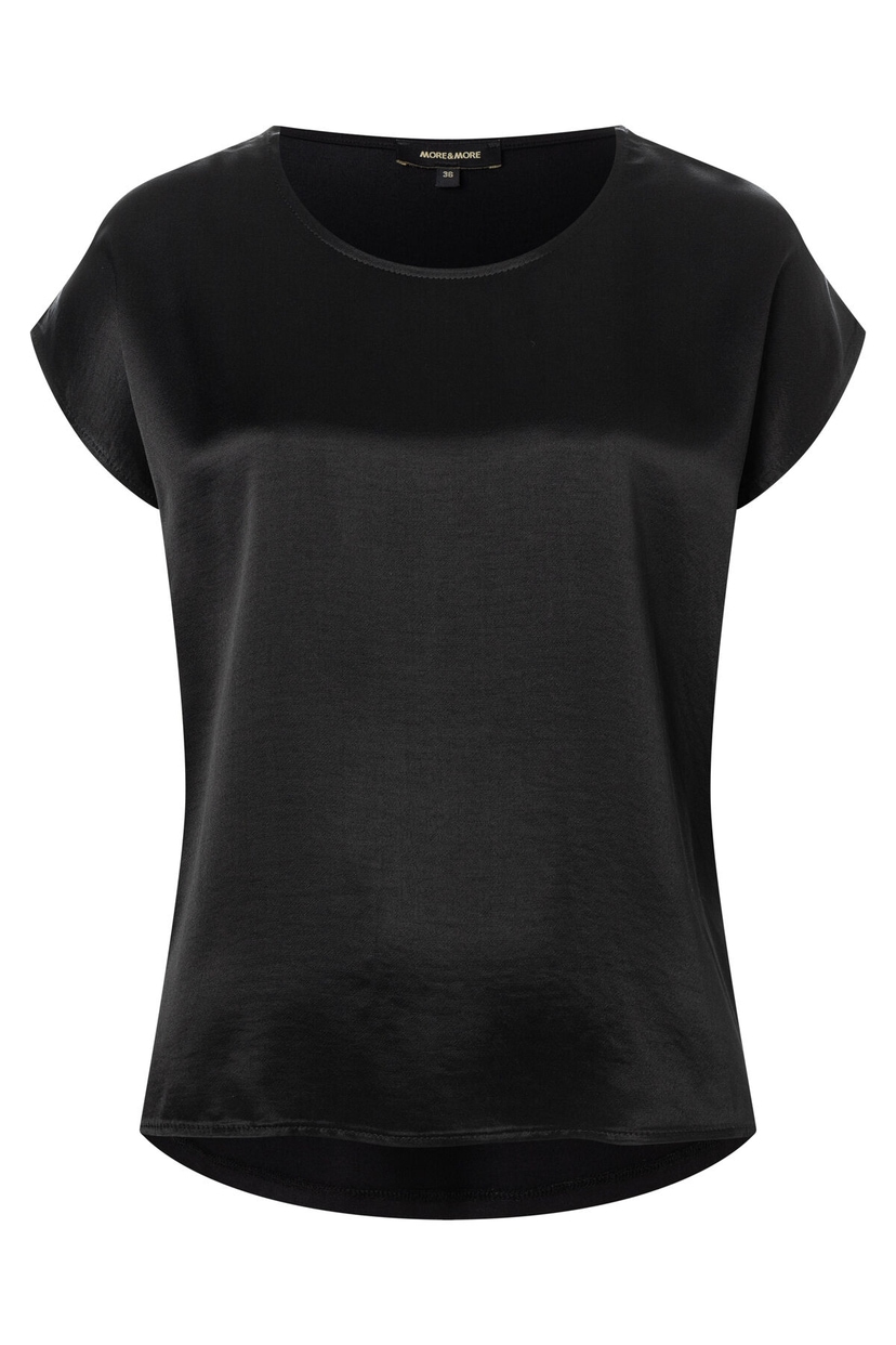 Schwarzes MORE & MORE Top aus glänzendem Satin-Material mit kurzem Ärmel. Schwarzes MORE & MORE Top aus glänzendem Satin-Material mit kurzem Ärmel.