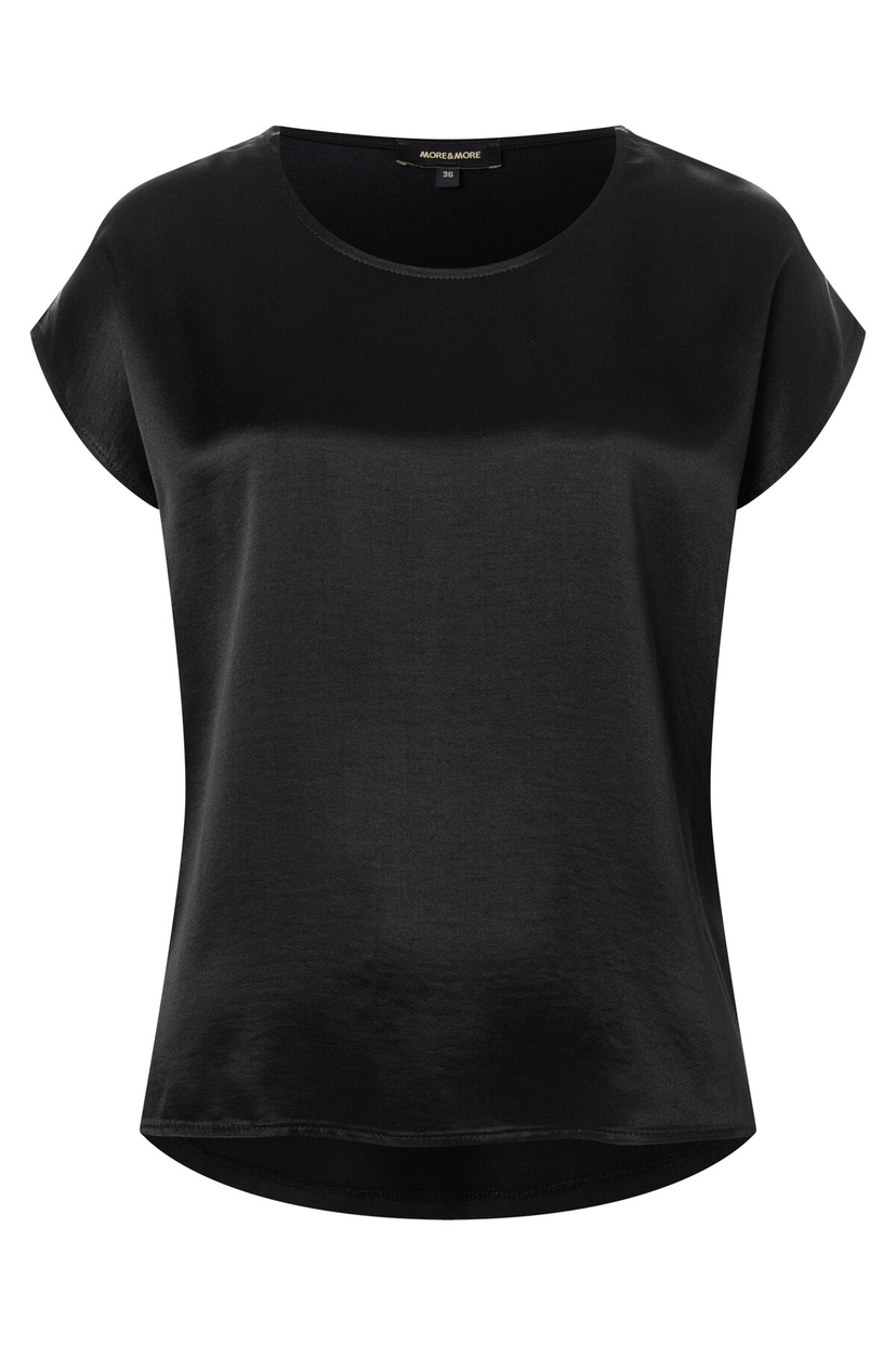 Schwarzes MORE & MORE Top aus glänzendem Satin-Material mit kurzem Ärmel. Schwarzes MORE & MORE Top aus glänzendem Satin-Material mit kurzem Ärmel.