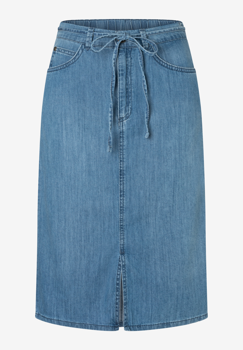 Ein MORE & MORE Rock in Jeansoptik mit Kordelzug und Schlitz in der vorderen Mitte. Ein MORE & MORE Rock in Jeansoptik mit Kordelzug und Schlitz in der vorderen Mitte.
