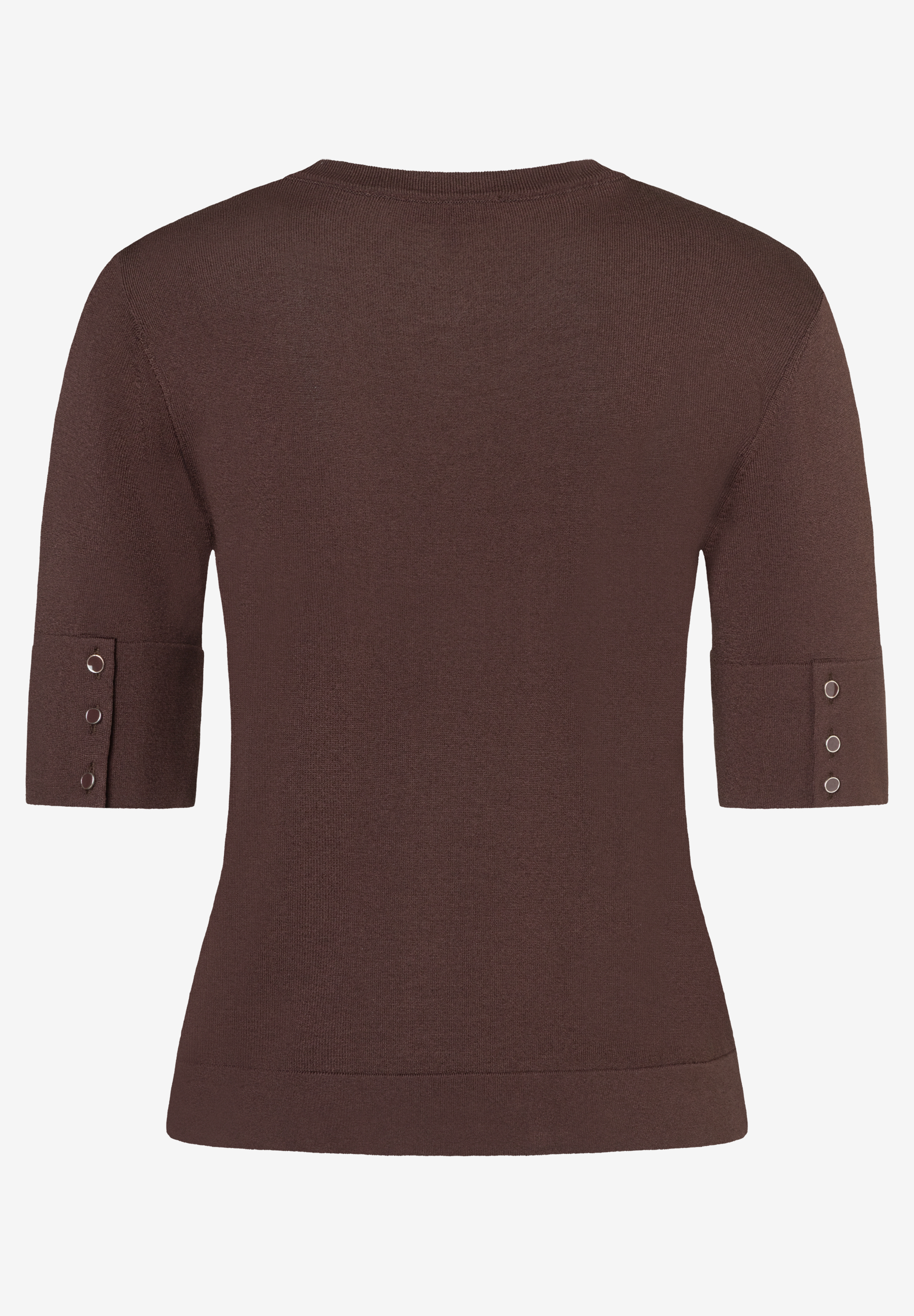 Ein brauner MORE & MORE Pullover mit kurzen Ärmeln und Knopfdetails. Ein brauner MORE & MORE Pullover mit kurzen Ärmeln und Knopfdetails.
