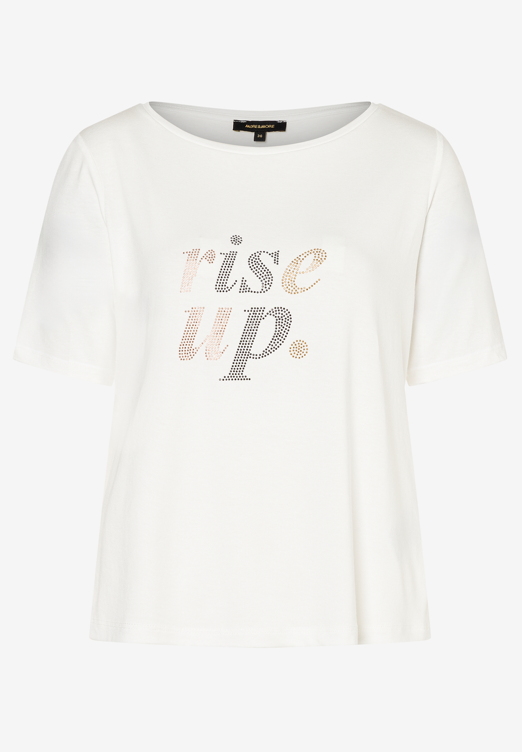 Ein weißes MORE & MORE Jersey-Top mit dem Aufdruck "rise up" aus Strasssteinen. Ein weißes MORE & MORE Jersey-Top mit dem Aufdruck "rise up" aus Strasssteinen.