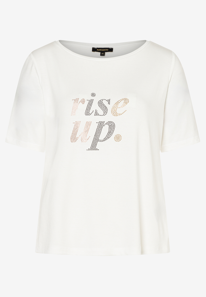 Ein weißes MORE & MORE Jersey-Top mit dem Aufdruck "rise up" aus Strasssteinen. Ein weißes MORE & MORE Jersey-Top mit dem Aufdruck "rise up" aus Strasssteinen.