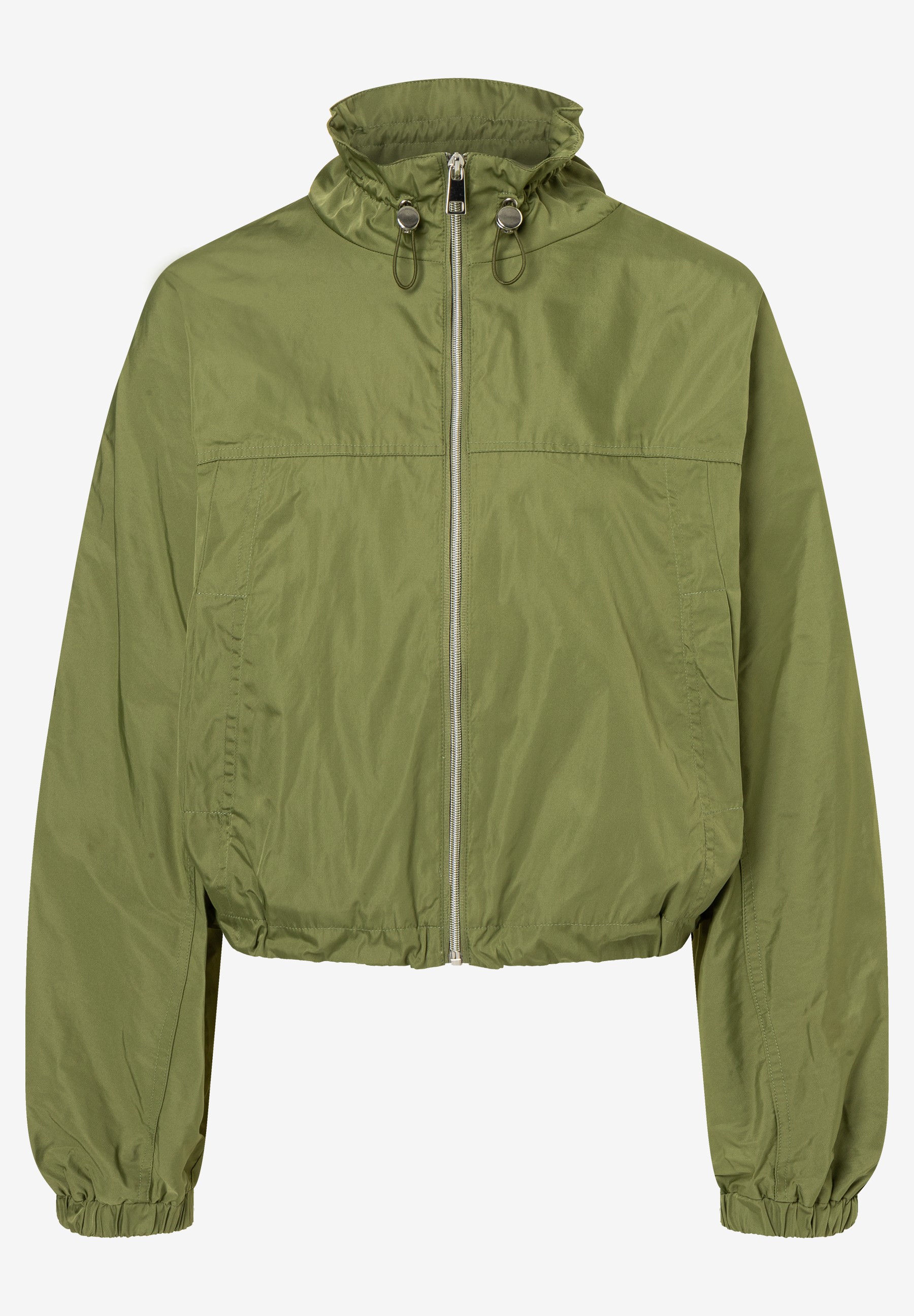 Ein olivgrüner MORE & MORE Blazer mit glänzender Oberfläche und silbernem Reißverschluss, Frontansicht. Ein olivgrüner MORE & MORE Blazer mit glänzender Oberfläche und silbernem Reißverschluss, Frontansicht.