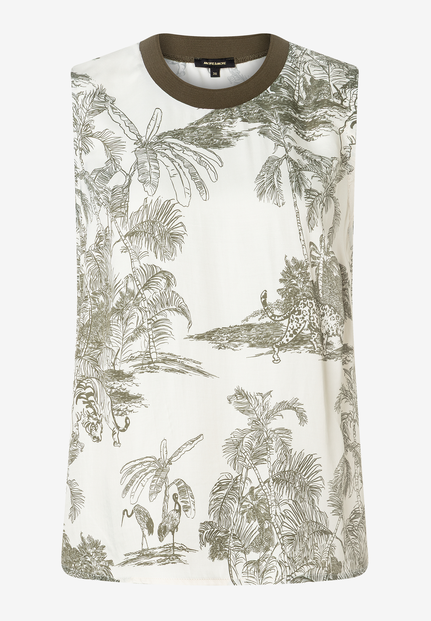 Eine ärmellose MORE & MORE Bluse mit einem Muster aus Palmen und Tieren. Eine ärmellose MORE & MORE Bluse mit einem Muster aus Palmen und Tieren.