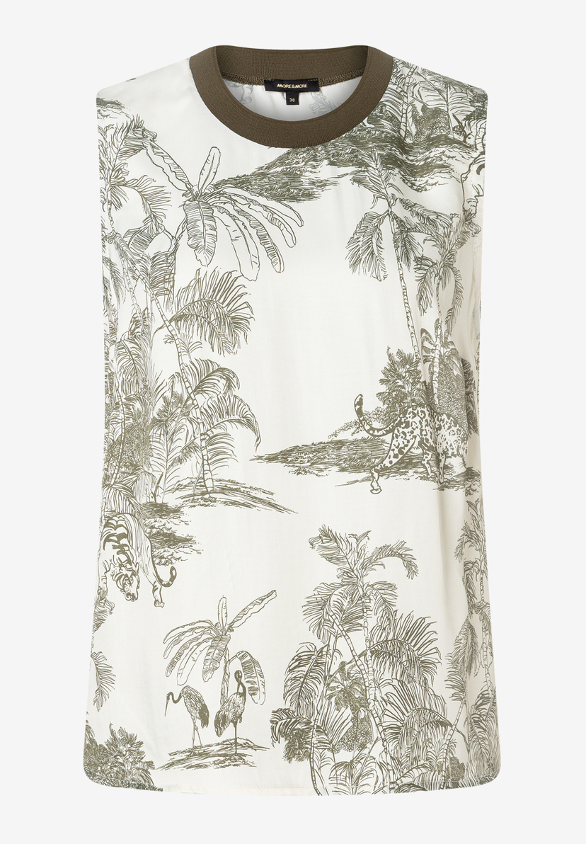 Eine ärmellose MORE & MORE Bluse mit einem Muster aus Palmen und Tieren. Eine ärmellose MORE & MORE Bluse mit einem Muster aus Palmen und Tieren.