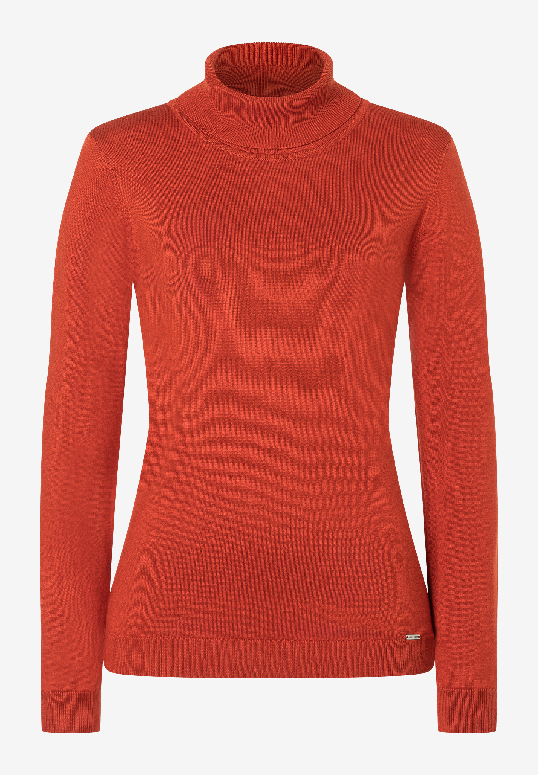 Ein orangefarbener Feinstrick-Rollkragenpullover von MORE & MORE auf weißem Hintergrund. Ein orangefarbener Feinstrick-Rollkragenpullover von MORE & MORE auf weißem Hintergrund.