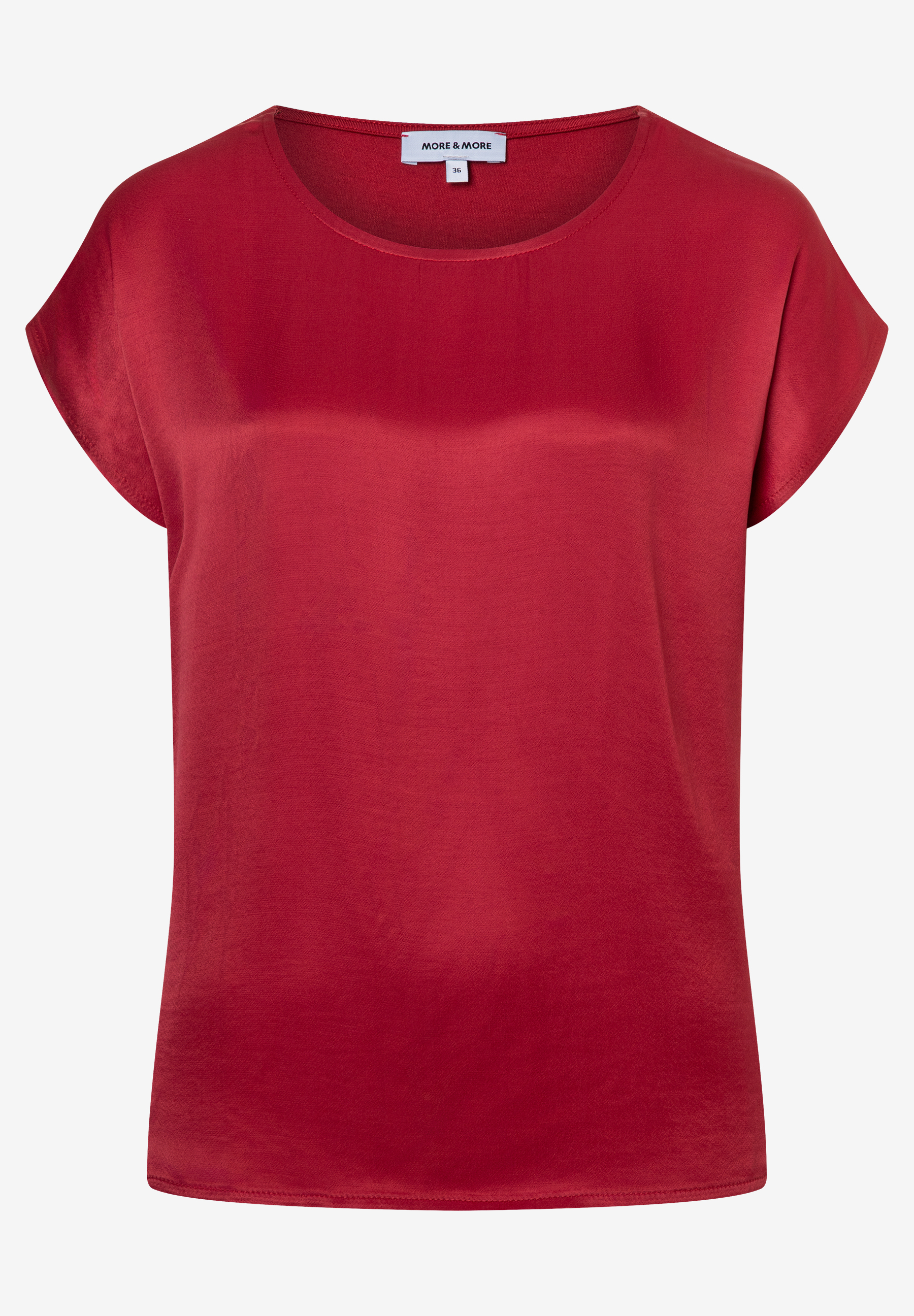 MORE & MORE Damen-T-Shirt aus fließendem Satin-Materialmix. Glänzendes, kurzärmeliges Oberteil in Rot mit Rundhalsausschnitt. MORE & MORE Damen-T-Shirt aus fließendem Satin-Materialmix. Glänzendes, kurzärmeliges Oberteil in Rot mit Rundhalsausschnitt.