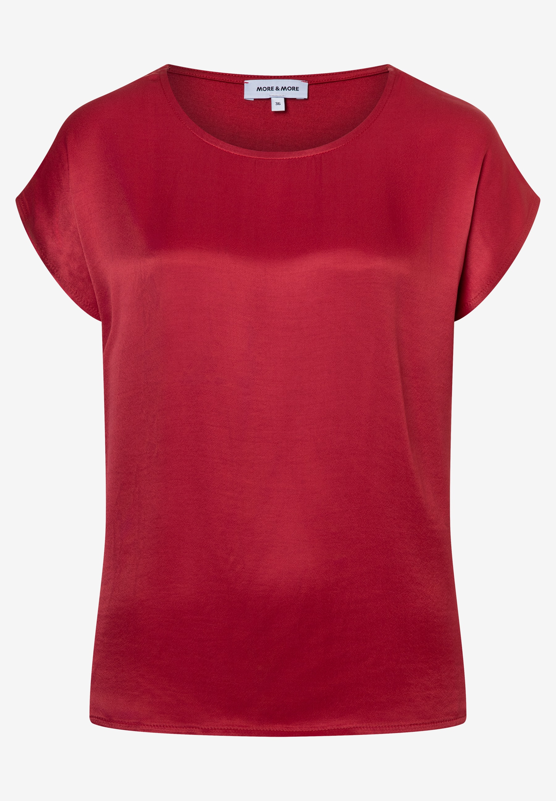 MORE & MORE Damen-T-Shirt aus fließendem Satin-Materialmix. Glänzendes, kurzärmeliges Oberteil in Rot mit Rundhalsausschnitt. MORE & MORE Damen-T-Shirt aus fließendem Satin-Materialmix. Glänzendes, kurzärmeliges Oberteil in Rot mit Rundhalsausschnitt.