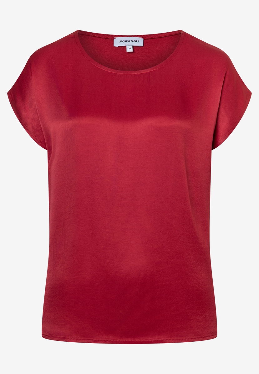 MORE & MORE Damen-T-Shirt aus fließendem Satin-Materialmix. Glänzendes, kurzärmeliges Oberteil in Rot mit Rundhalsausschnitt. MORE & MORE Damen-T-Shirt aus fließendem Satin-Materialmix. Glänzendes, kurzärmeliges Oberteil in Rot mit Rundhalsausschnitt.