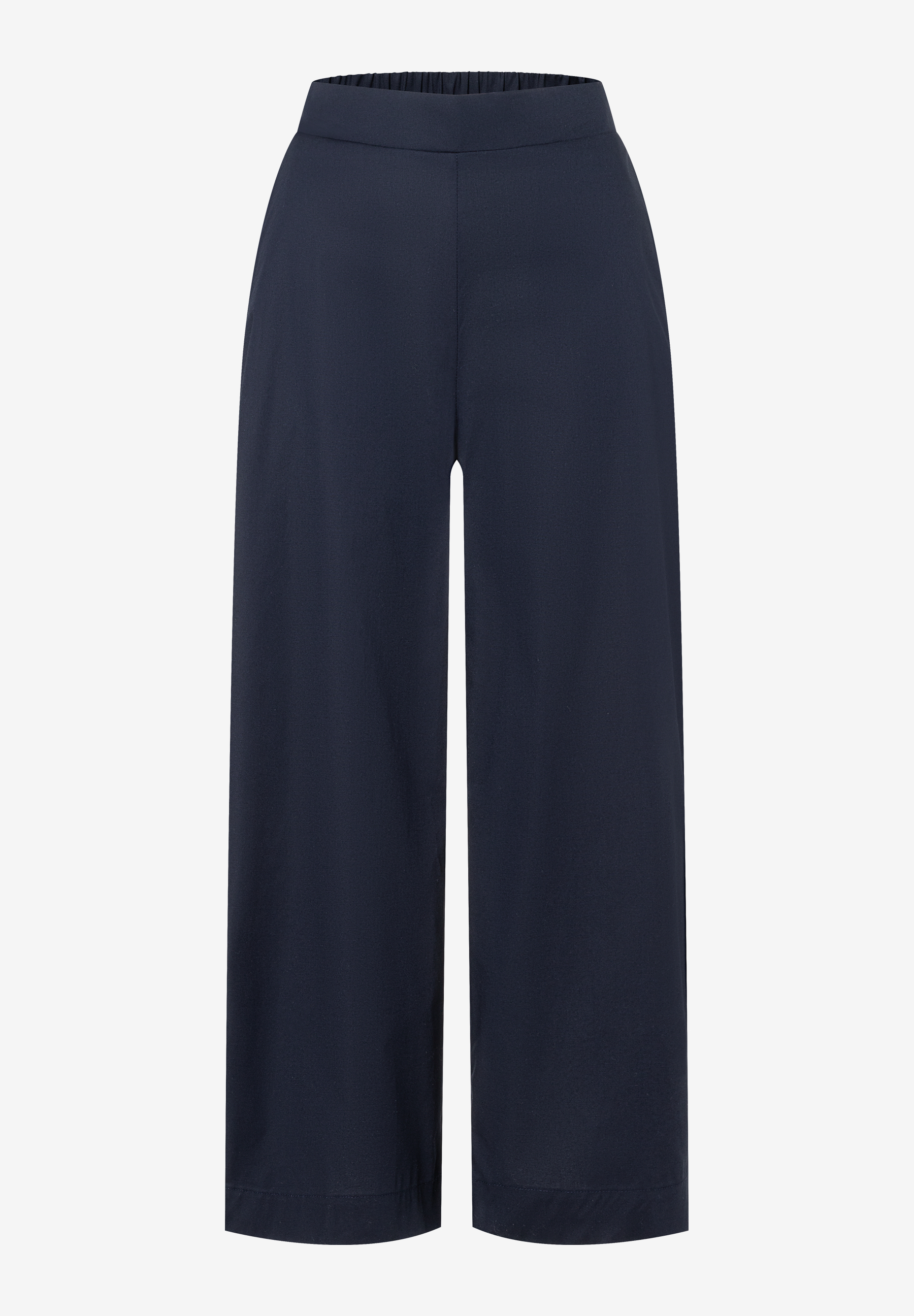 Eine dunkelblaue MORE & MORE Culottes-Hose mit weitem Bein vor hellem Hintergrund. Eine dunkelblaue MORE & MORE Culottes-Hose mit weitem Bein vor hellem Hintergrund.