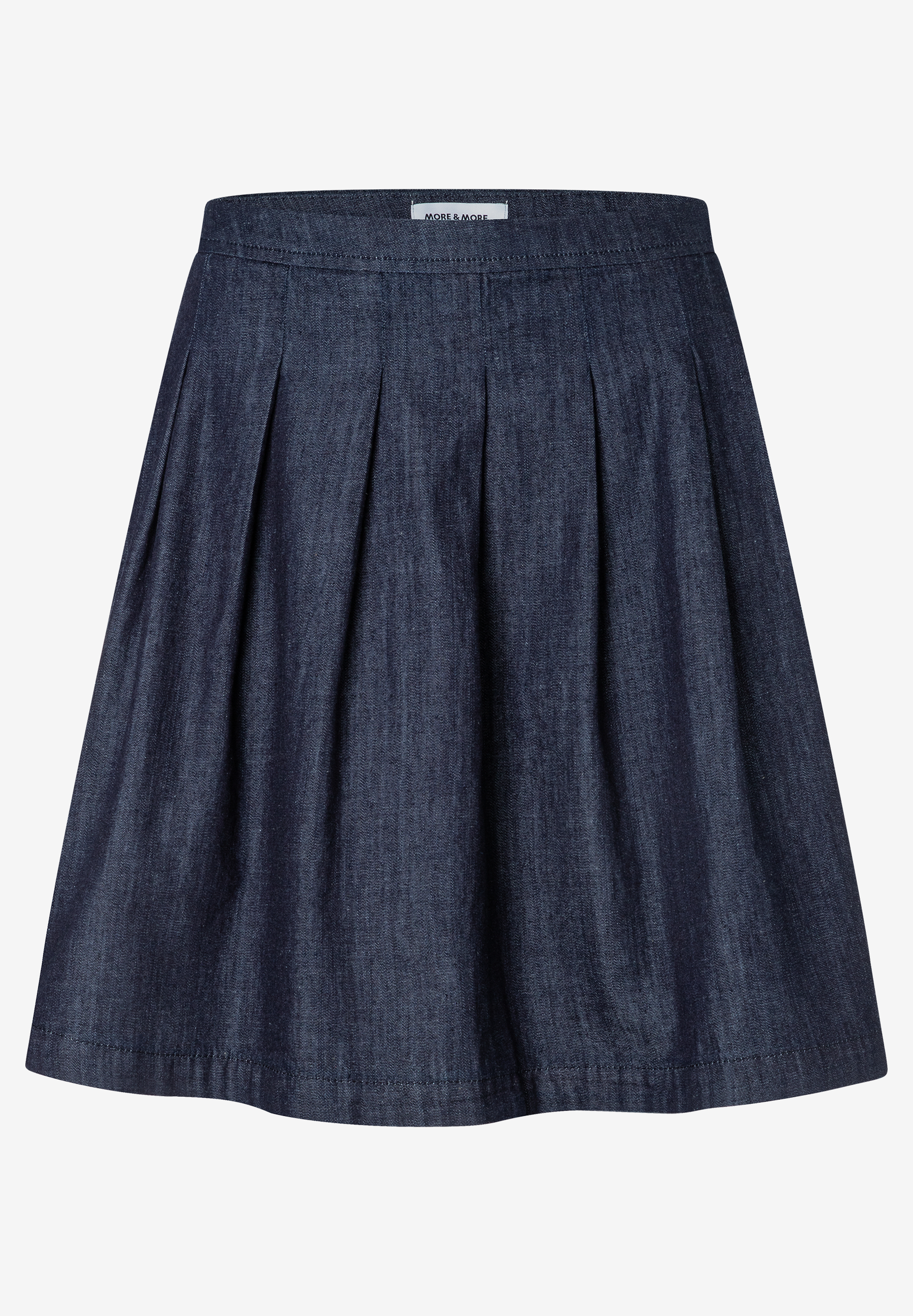 MORE & MORE dunkelblauer Jeansrock mit Falten. Bund mit Label „MORE & MORE“