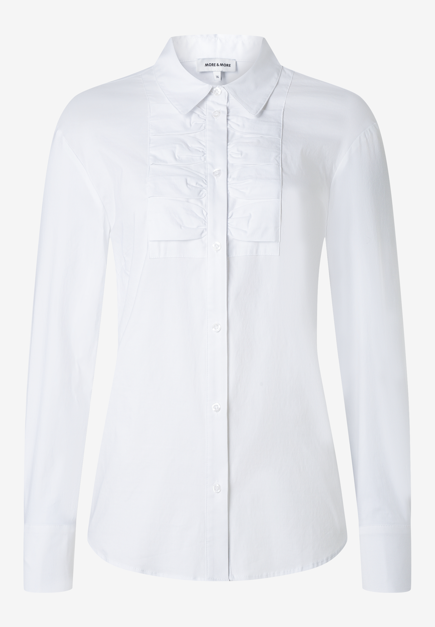 MORE & MORE Damen-Bluse in Weiß mit gerafften Details am Brustbereich und einer Knopfleiste, die von oben nach unten verläuft MORE & MORE Damen-Bluse in Weiß mit gerafften Details am Brustbereich und einer Knopfleiste, die von oben nach unten verläuft