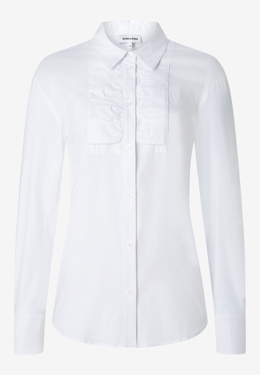 MORE & MORE Damen-Bluse in Weiß mit gerafften Details am Brustbereich und einer Knopfleiste, die von oben nach unten verläuft MORE & MORE Damen-Bluse in Weiß mit gerafften Details am Brustbereich und einer Knopfleiste, die von oben nach unten verläuft
