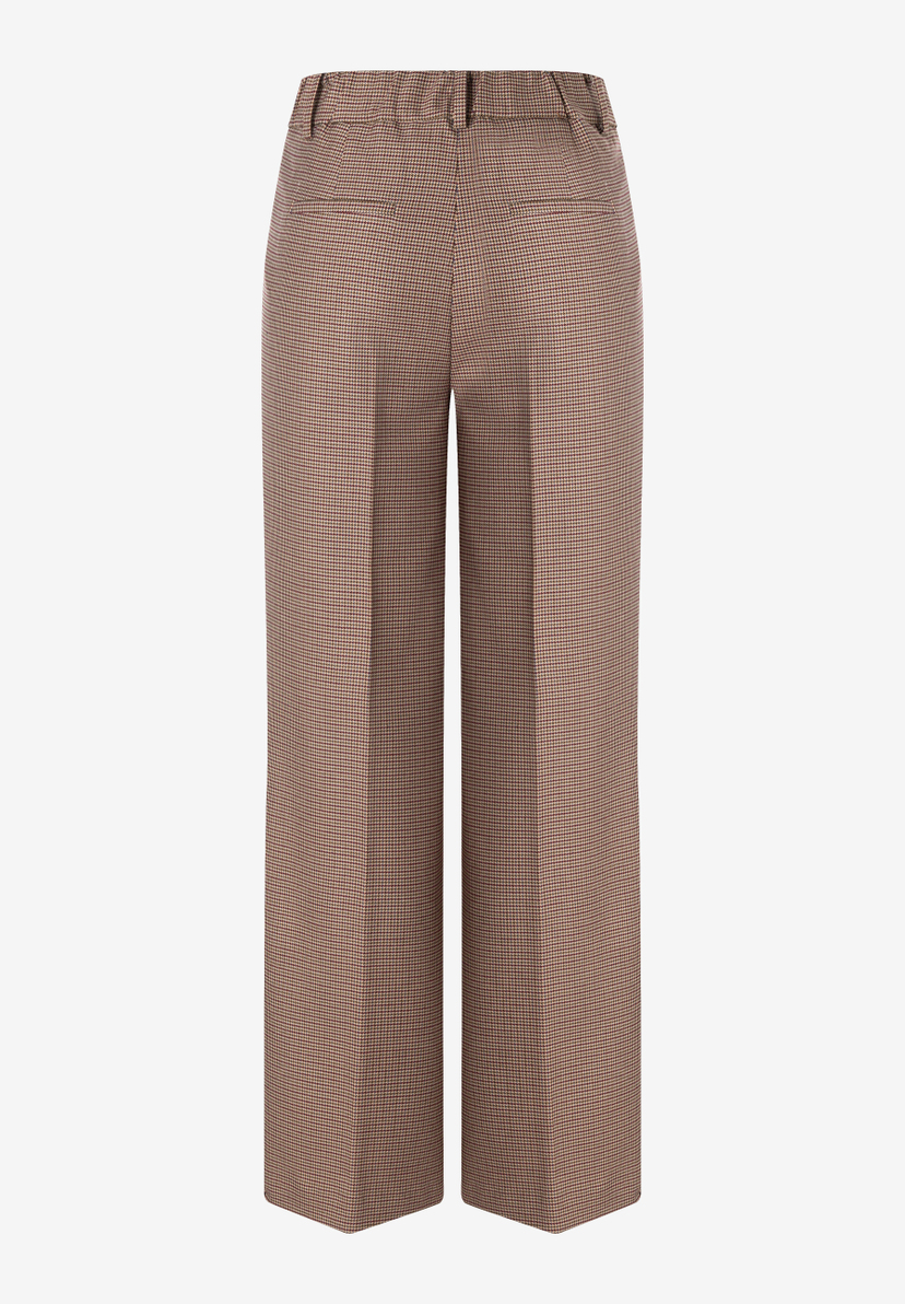 MORE & MORE Hose in Beige und Rotbraun mit Hahnentrittmuster, weitem Bein und Bundfalten, Rückansicht.