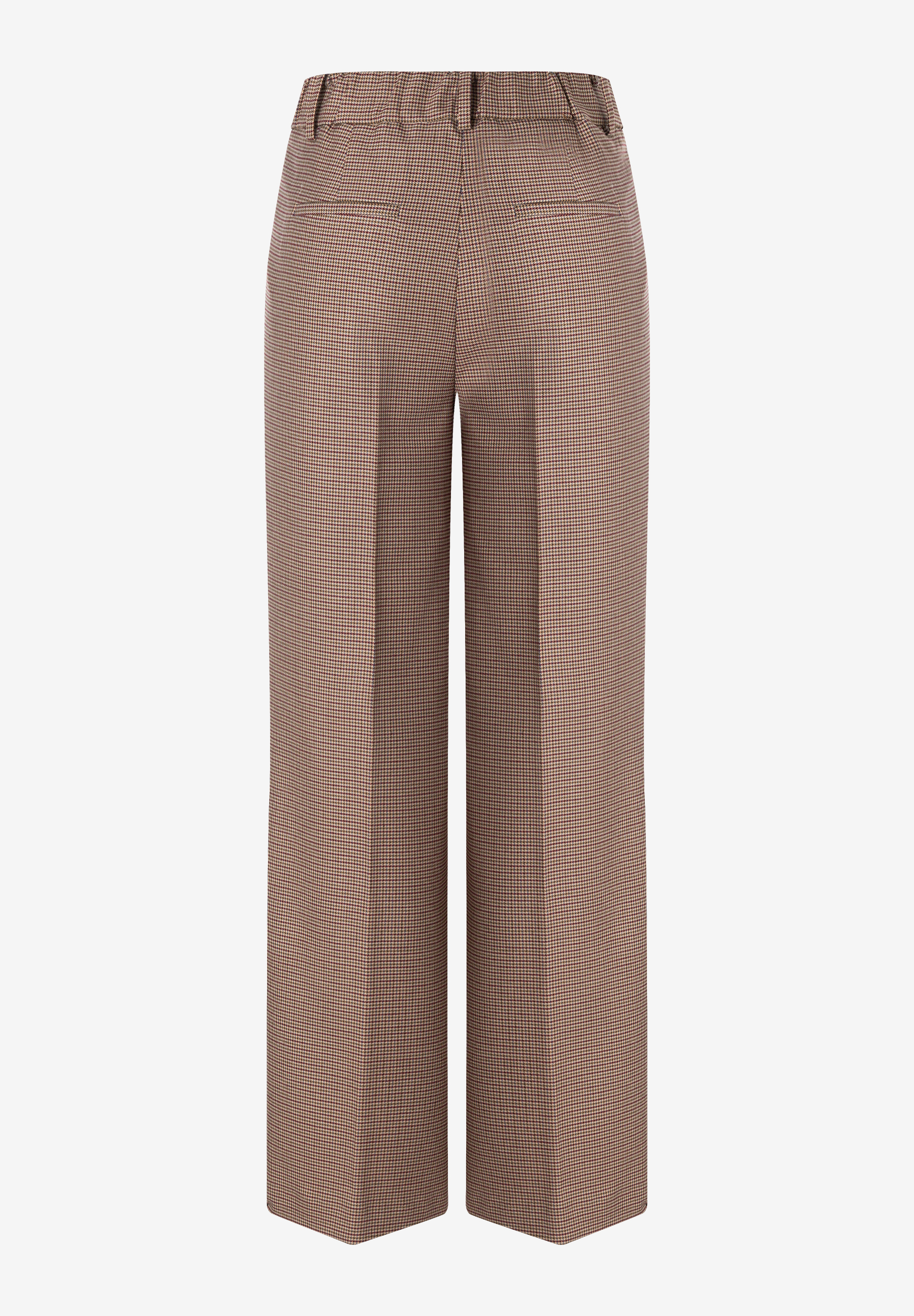 MORE & MORE Hose in Beige und Rotbraun mit Hahnentrittmuster, weitem Bein und Bundfalten, Rückansicht. MORE & MORE Hose in Beige und Rotbraun mit Hahnentrittmuster, weitem Bein und Bundfalten, Rückansicht.