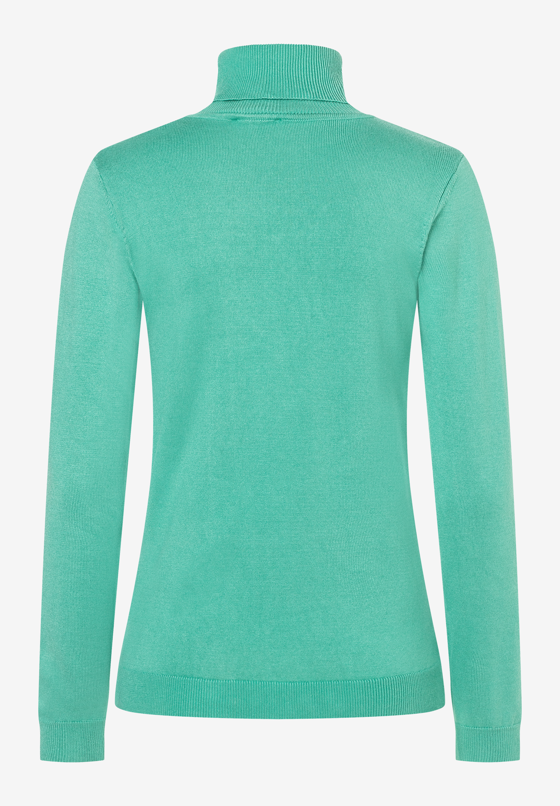 Ein türkisfarbener MORE & MORE Rollkragenpullover, Rückansicht. Ein türkisfarbener MORE & MORE Rollkragenpullover, Rückansicht.