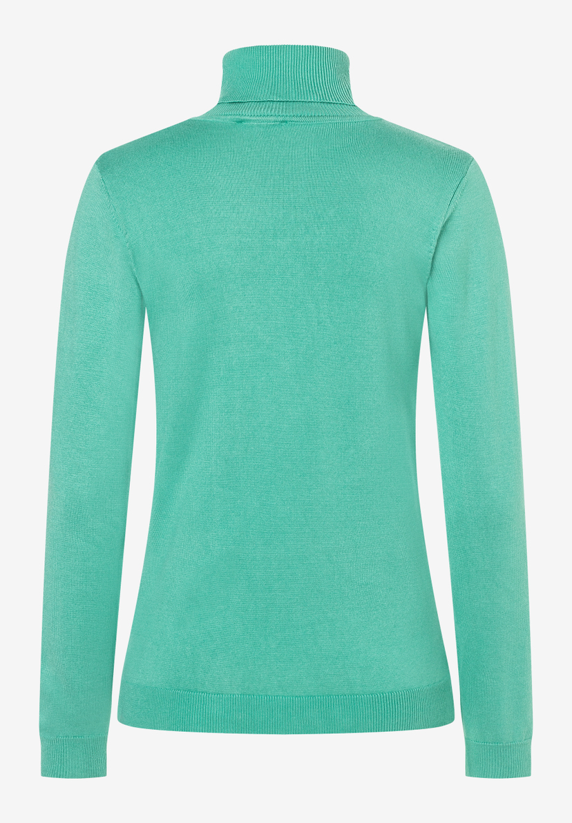 Ein türkisfarbener MORE & MORE Rollkragenpullover, Rückansicht. Ein türkisfarbener MORE & MORE Rollkragenpullover, Rückansicht.