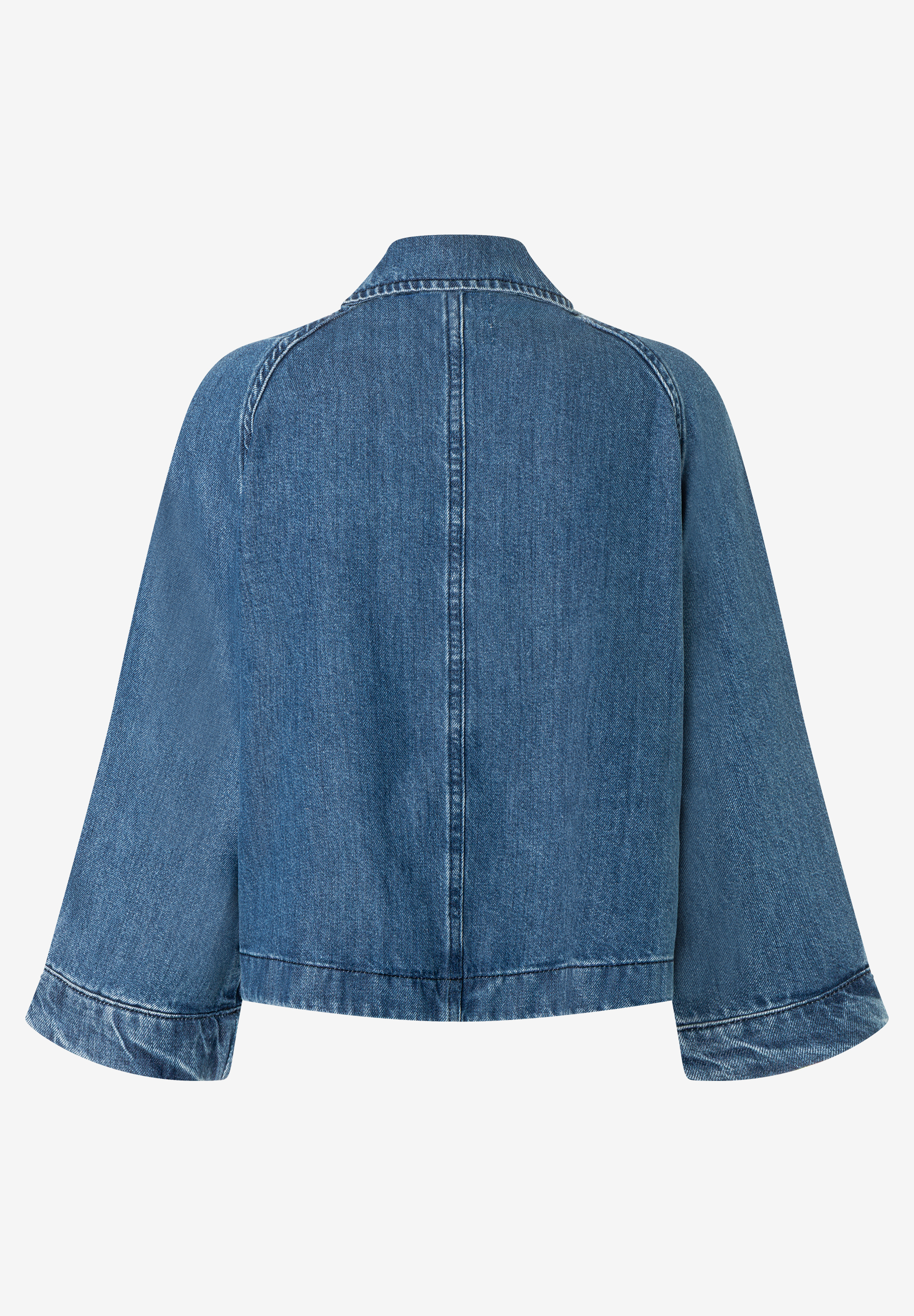 MORE & MORE Jeansjacke aus Denim. Rückansicht einer blauen Jacke mit breitem Kragen, weiten Raglanärmeln und Saum. MORE & MORE Jeansjacke aus Denim. Rückansicht einer blauen Jacke mit breitem Kragen, weiten Raglanärmeln und Saum.