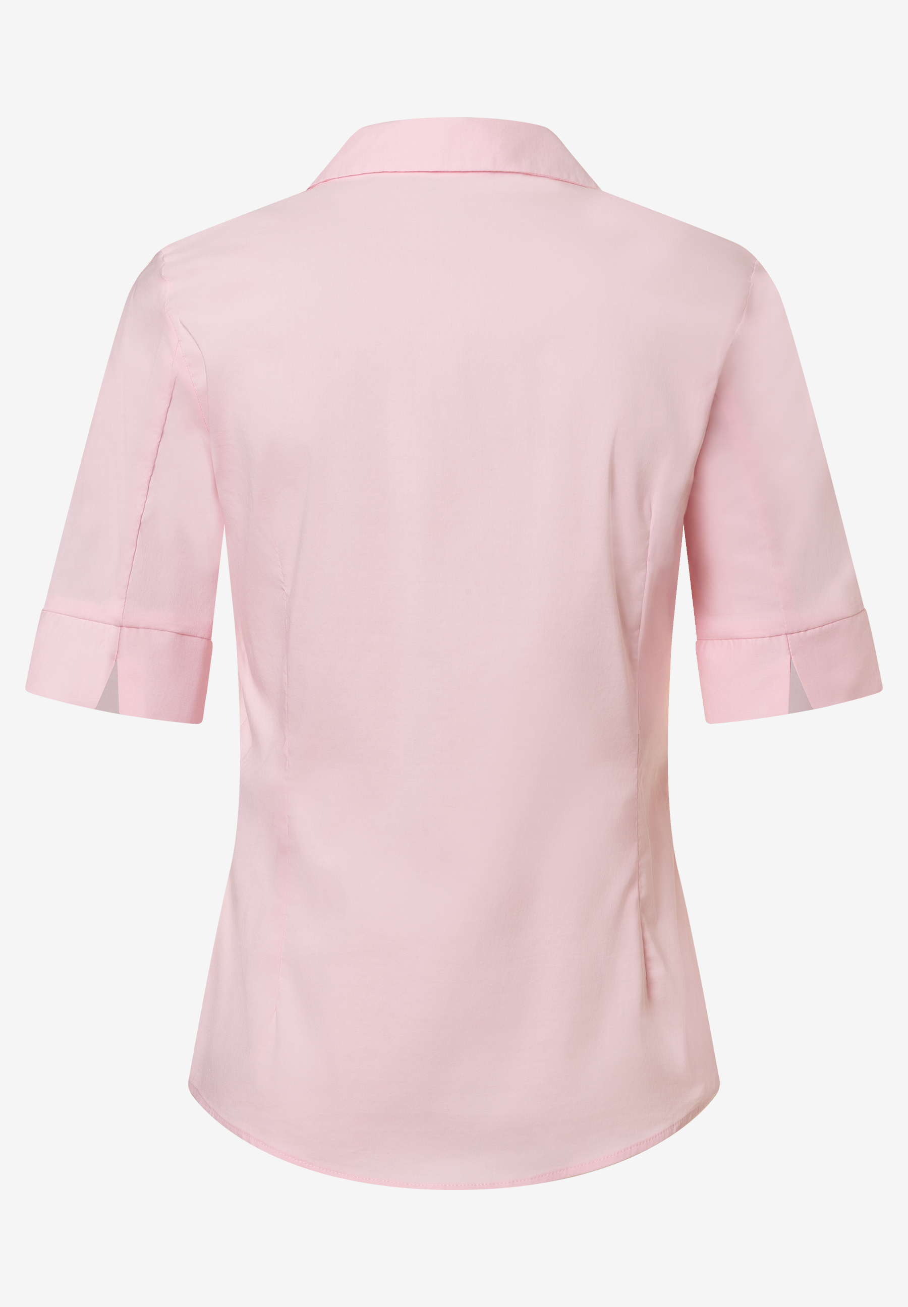 Rückansicht einer hellrosa MORE & MORE Bluse mit kurzen Ärmeln und Popeline-Material. Rückansicht einer hellrosa MORE & MORE Bluse mit kurzen Ärmeln und Popeline-Material.