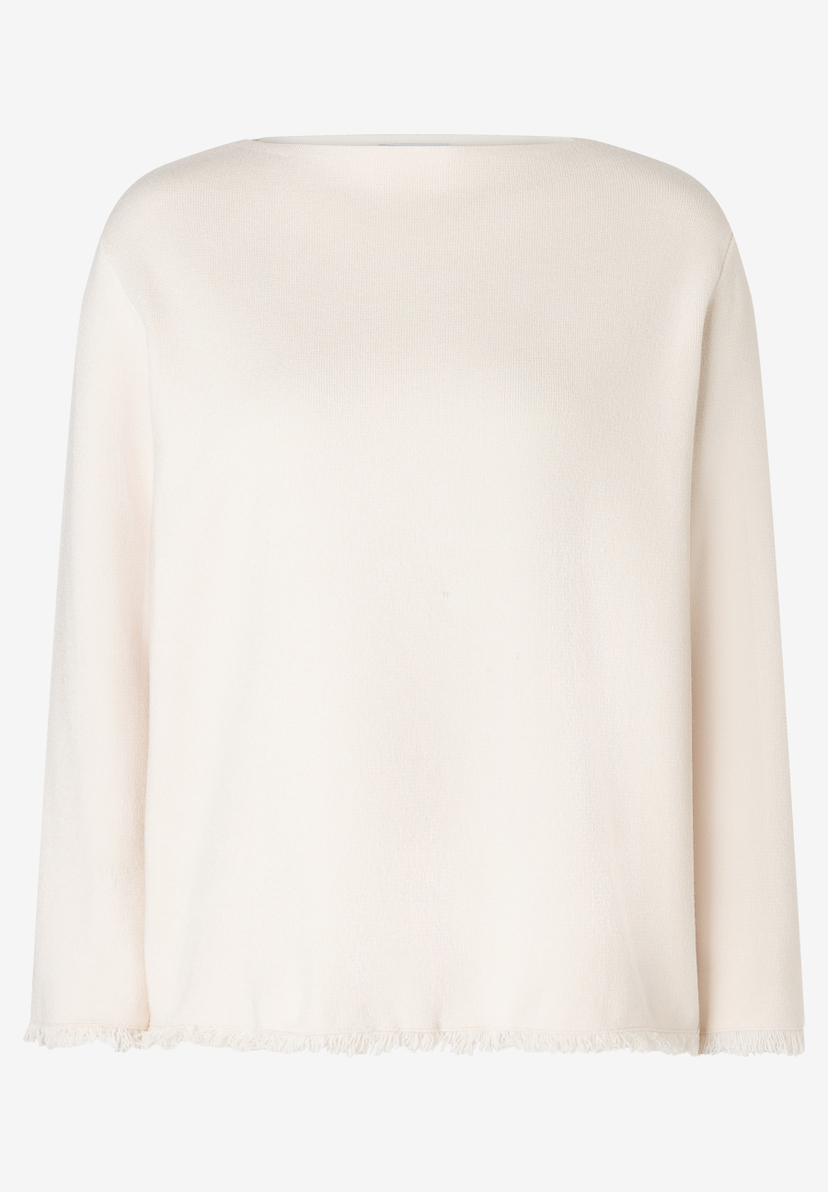 MORE & MORE Damen Pullover aus Feinstrick in Creme mit U-Boot-Ausschnitt und Fransen am Saum, lässige Passform.