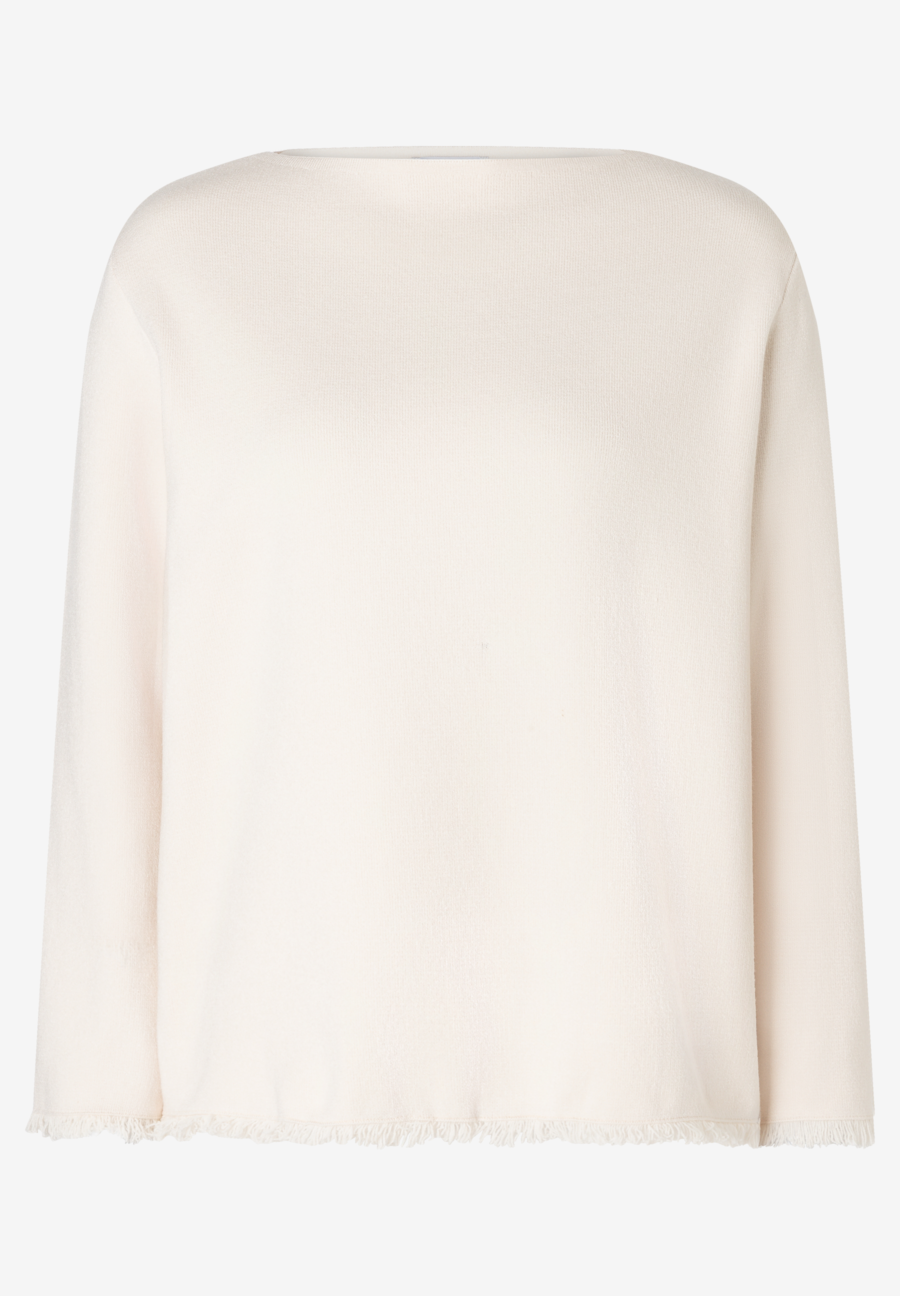 MORE & MORE Damen Pullover aus Feinstrick in Creme mit U-Boot-Ausschnitt und Fransen am Saum, lässige Passform.