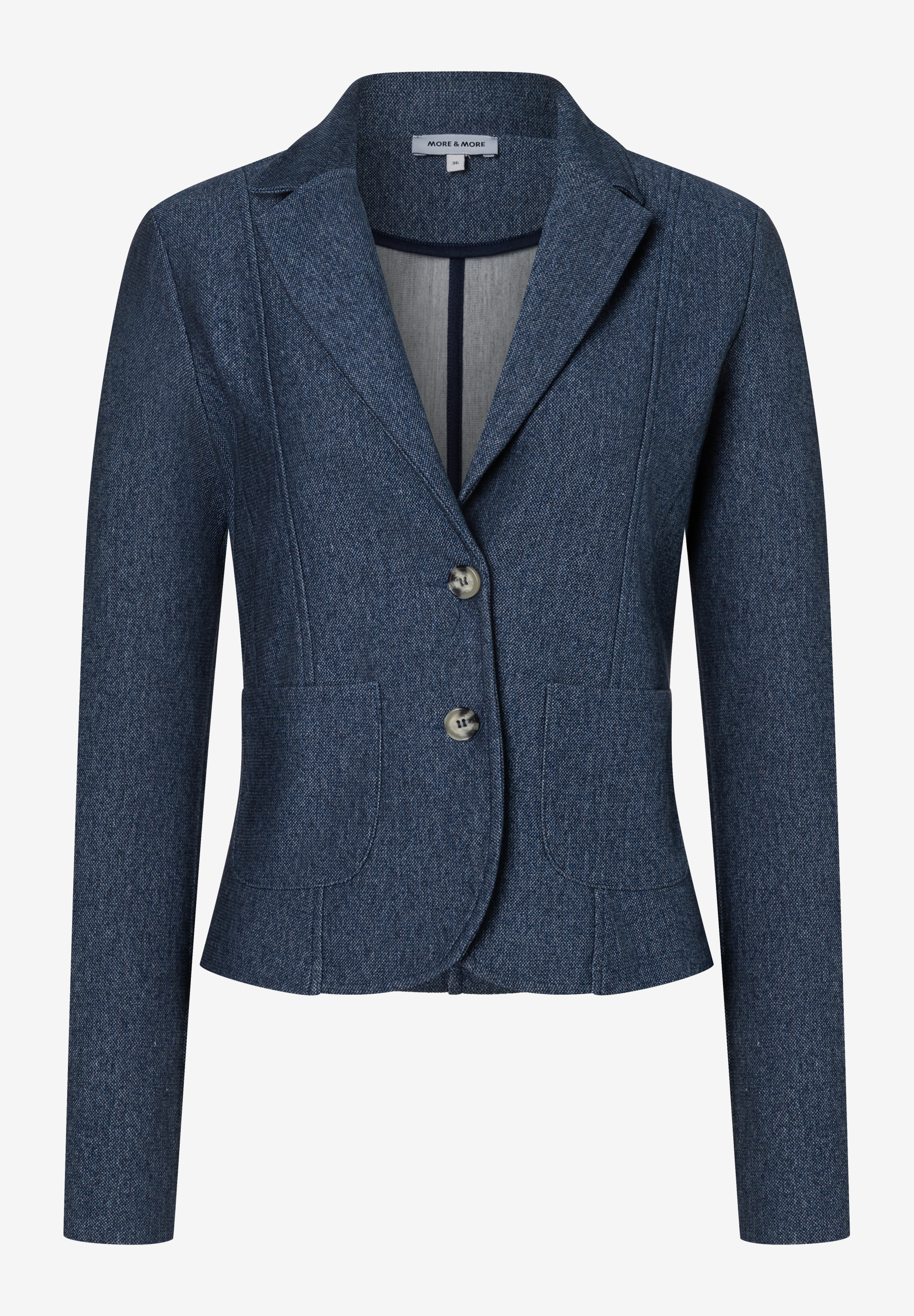 Blauer MORE & MORE Blazer mit Reverskragen und zwei Knöpfen. Blauer MORE & MORE Blazer mit Reverskragen und zwei Knöpfen.