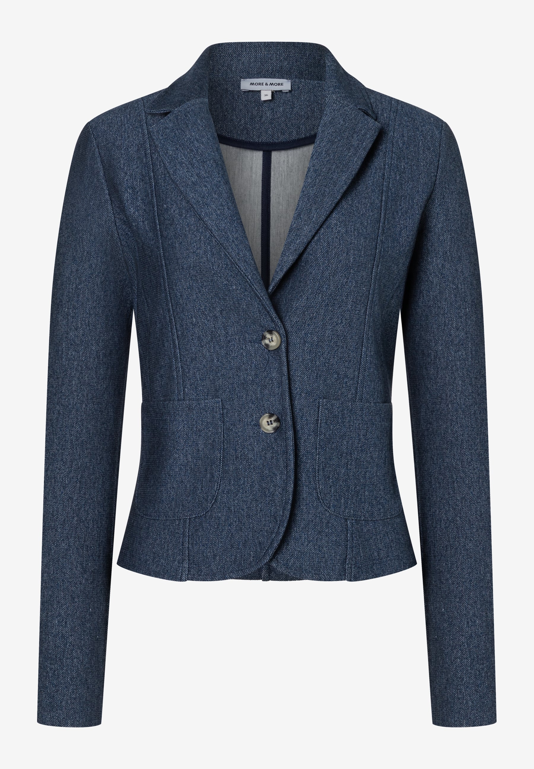 Blauer MORE & MORE Blazer mit Reverskragen und zwei Knöpfen. Blauer MORE & MORE Blazer mit Reverskragen und zwei Knöpfen.
