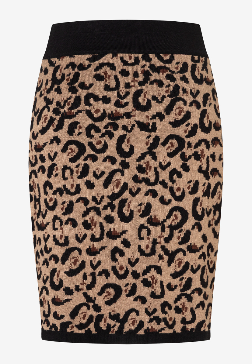 Ein MORE & MORE Rock mit schwarzem Bund und einem Leopardenmuster in Beige- und Schwarztönen. Ein MORE & MORE Rock mit schwarzem Bund und einem Leopardenmuster in Beige- und Schwarztönen.