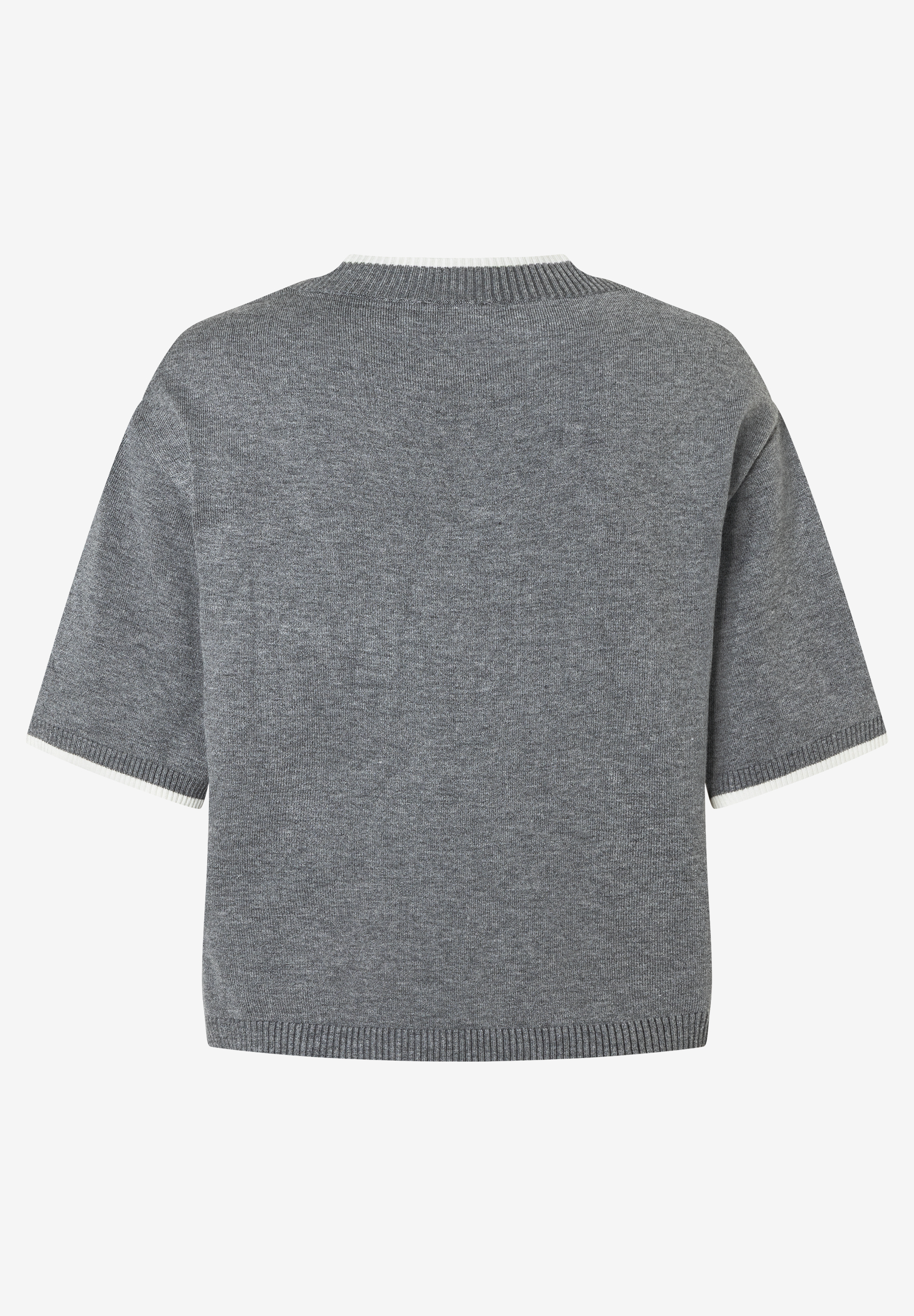 Grauer Feinstrick-Pullover von MORE & MORE mit kurzen Ärmeln und weißen Abschlüssen. Grauer Feinstrick-Pullover von MORE & MORE mit kurzen Ärmeln und weißen Abschlüssen.