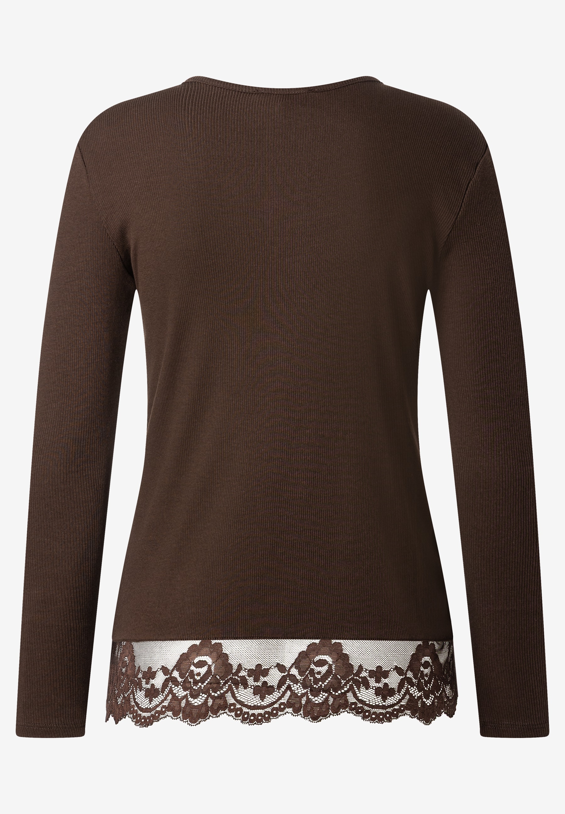 MORE & MORE Ripp-Shirt in Dunkelbraun mit floraler Spitze am Saum, langer Ärmel, Rückansicht. MORE & MORE Ripp-Shirt in Dunkelbraun mit floraler Spitze am Saum, langer Ärmel, Rückansicht.