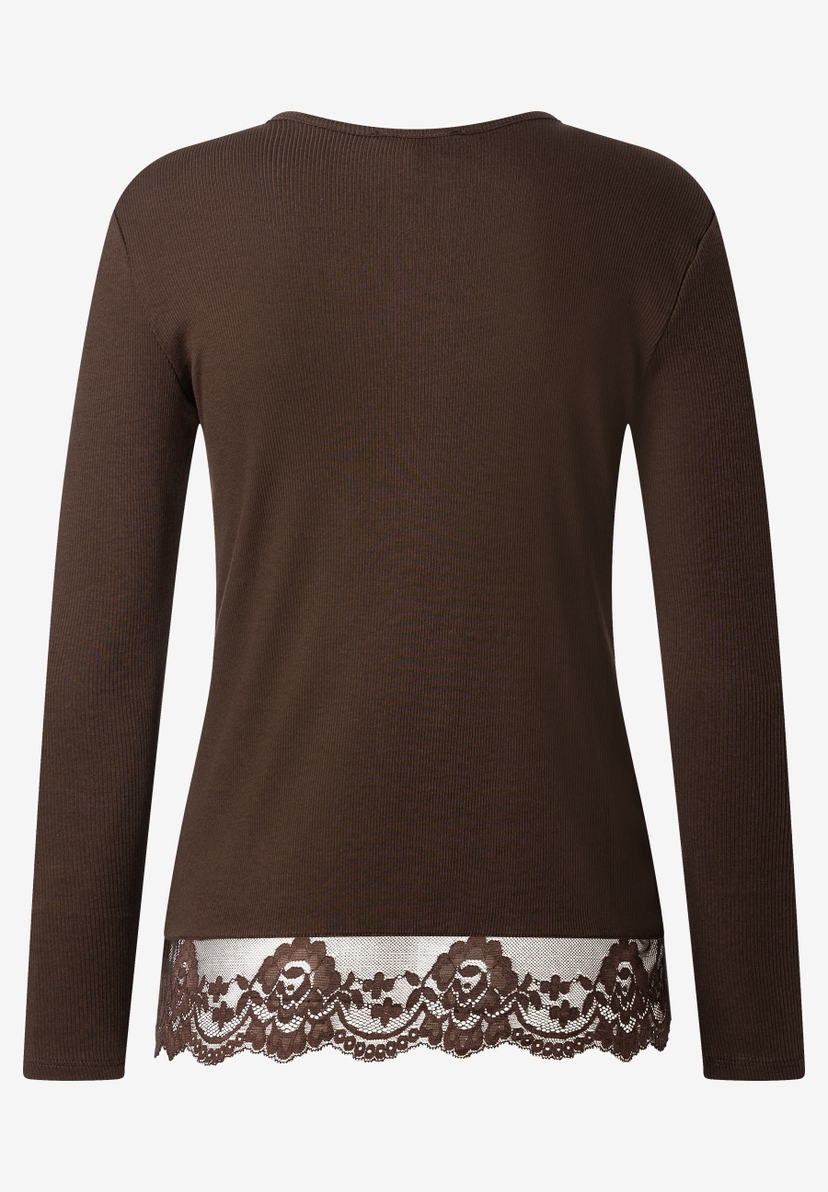 MORE & MORE Ripp-Shirt in Dunkelbraun mit floraler Spitze am Saum, langer Ärmel, Rückansicht. MORE & MORE Ripp-Shirt in Dunkelbraun mit floraler Spitze am Saum, langer Ärmel, Rückansicht.
