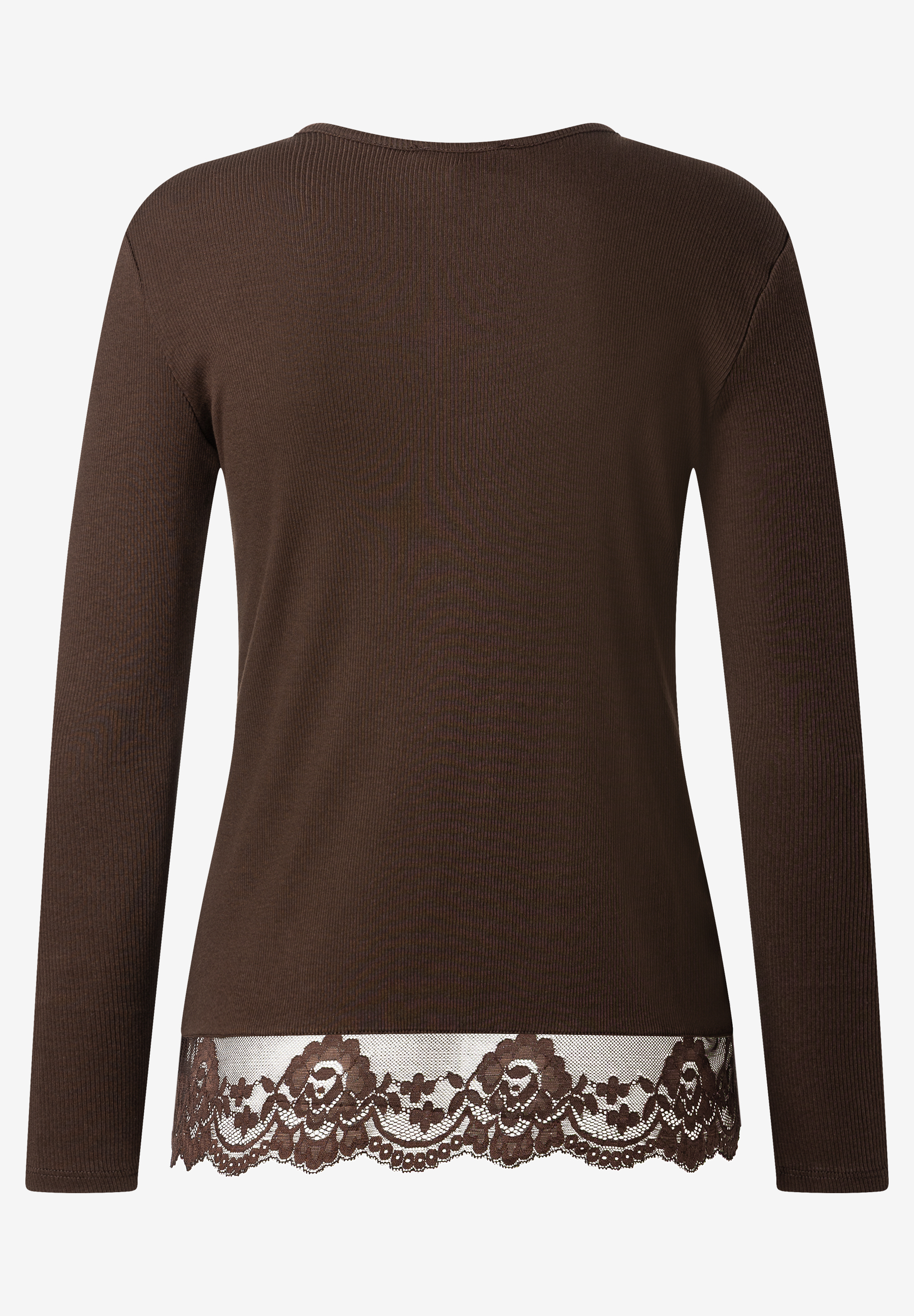 MORE & MORE Ripp-Shirt in Dunkelbraun mit floraler Spitze am Saum, langer Ärmel, Rückansicht. MORE & MORE Ripp-Shirt in Dunkelbraun mit floraler Spitze am Saum, langer Ärmel, Rückansicht.
