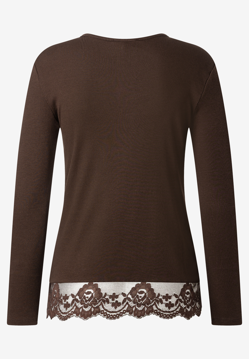 MORE & MORE Ripp-Shirt in Dunkelbraun mit floraler Spitze am Saum, langer Ärmel, Rückansicht. MORE & MORE Ripp-Shirt in Dunkelbraun mit floraler Spitze am Saum, langer Ärmel, Rückansicht.