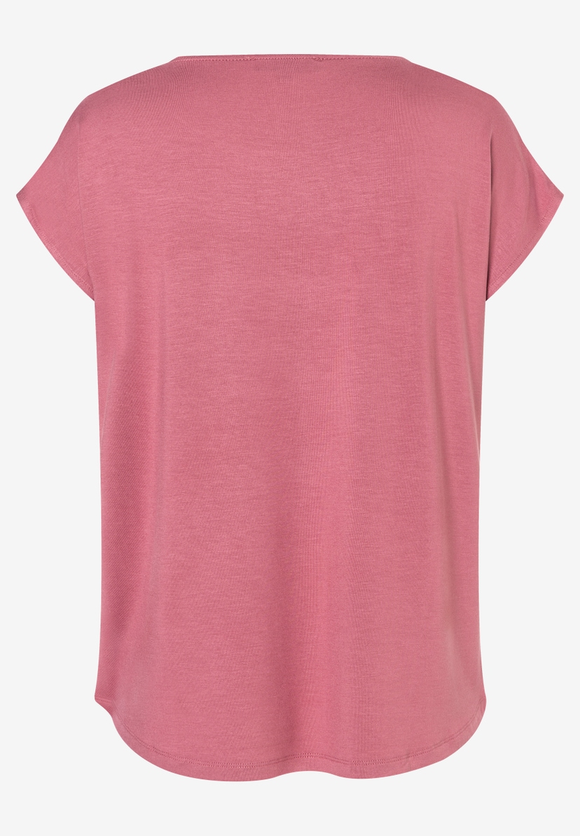 MORE & MORE rosafarbenes T-Shirt aus elastischem Jersey-Materialmix, hinten. Rundhalsausschnitt und kurze Ärmel. MORE & MORE rosafarbenes T-Shirt aus elastischem Jersey-Materialmix, hinten. Rundhalsausschnitt und kurze Ärmel.