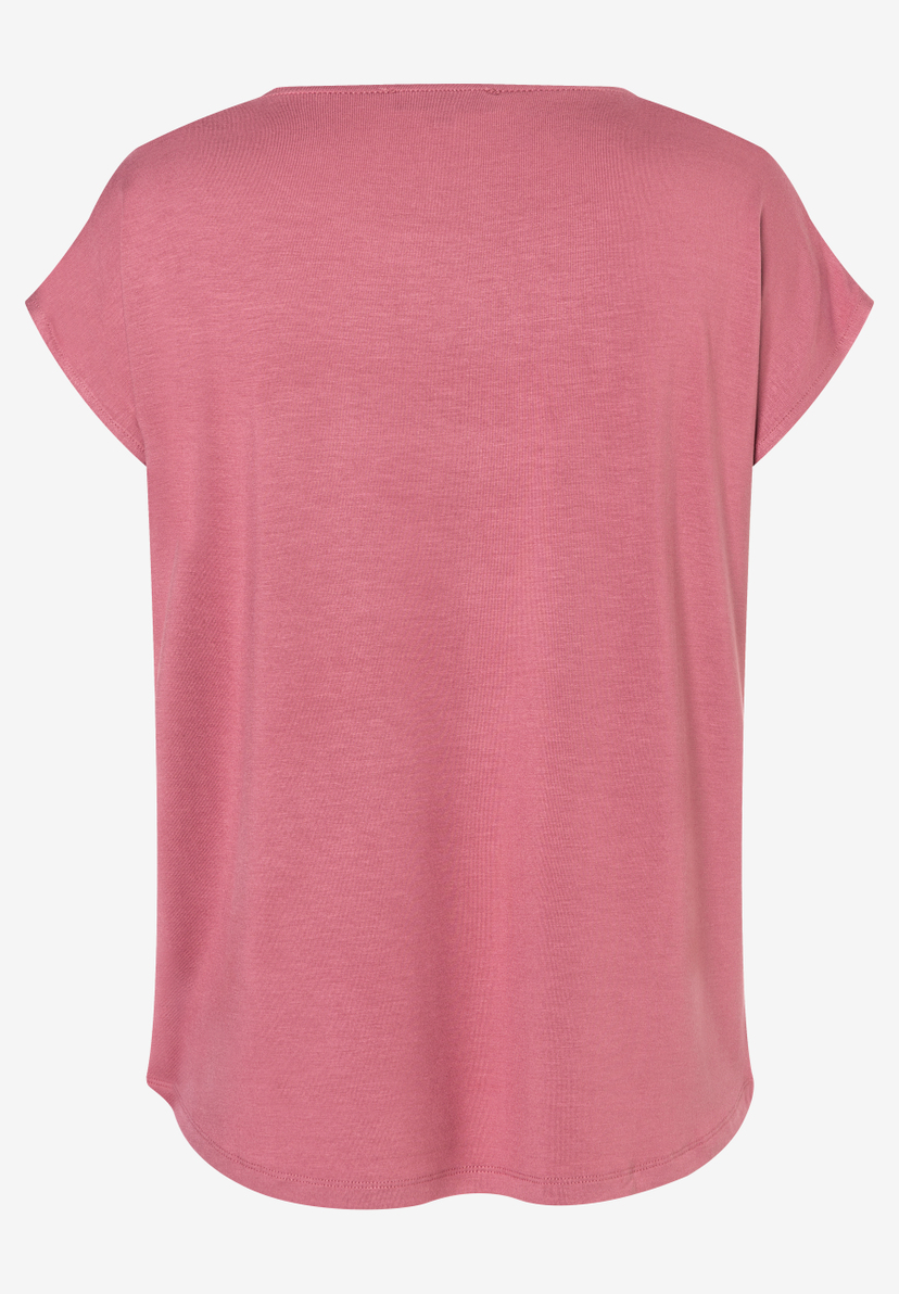 MORE & MORE rosafarbenes T-Shirt aus elastischem Jersey-Materialmix, hinten. Rundhalsausschnitt und kurze Ärmel. MORE & MORE rosafarbenes T-Shirt aus elastischem Jersey-Materialmix, hinten. Rundhalsausschnitt und kurze Ärmel.