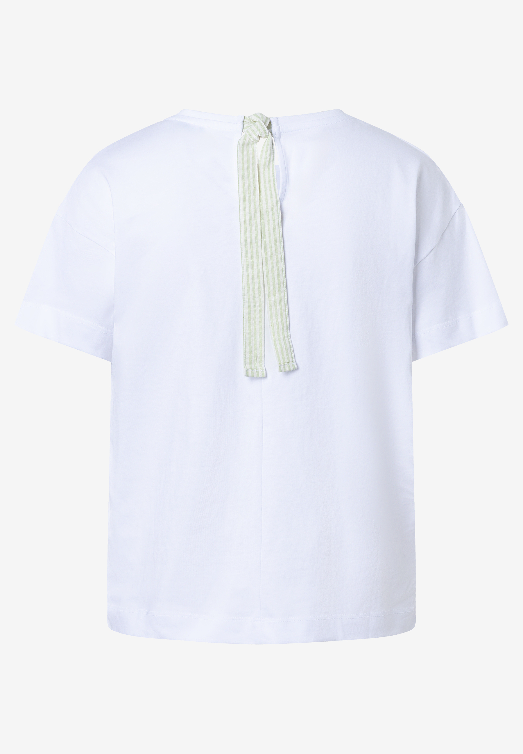 Ein weißes MORE & MORE T-Shirt mit einem gestreiften Banddetail am Rücken. Ein weißes MORE & MORE T-Shirt mit einem gestreiften Banddetail am Rücken.
