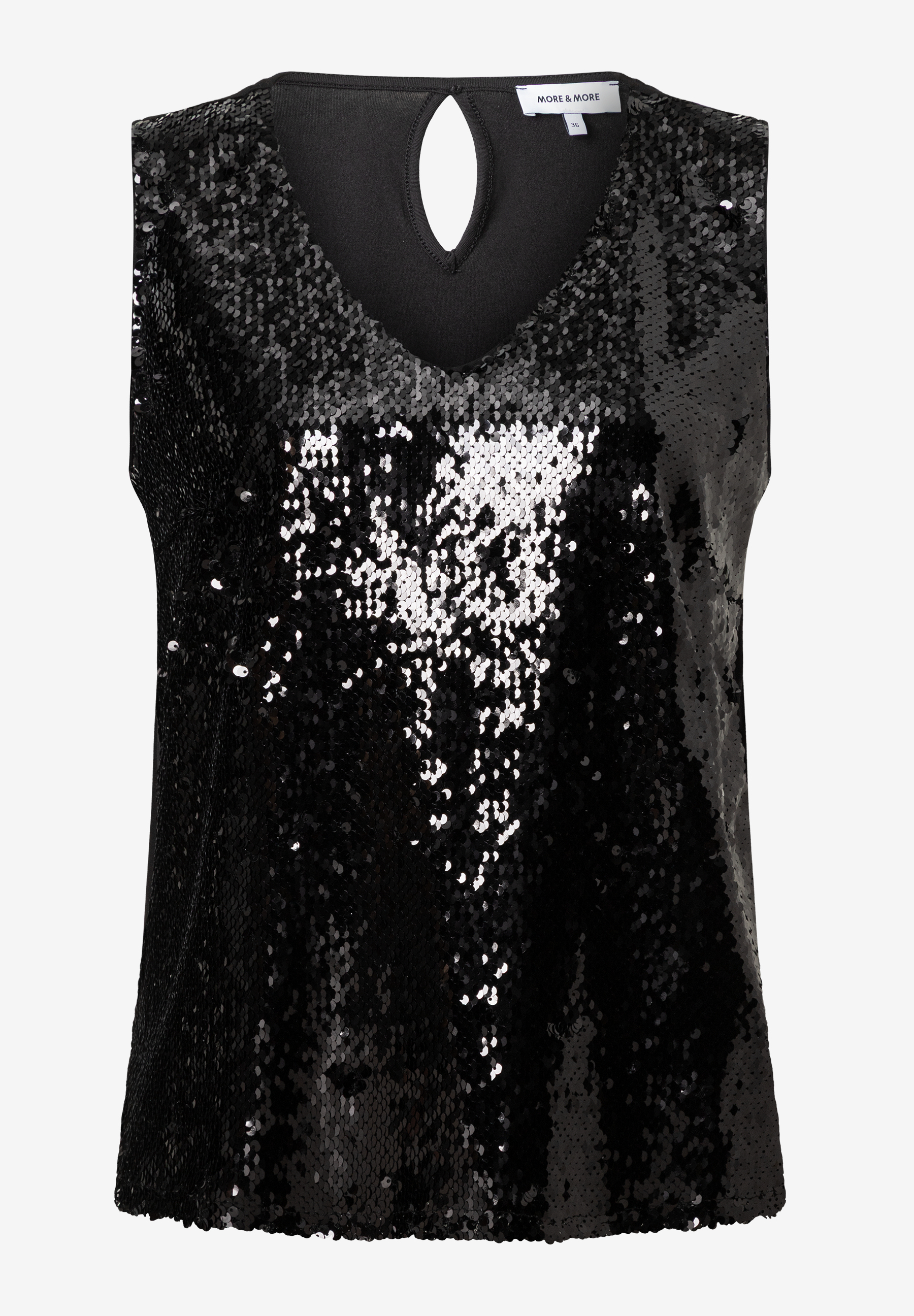 Ärmelloses, schwarzes Pailletten-Top von MORE & MORE mit V-Ausschnitt und Tropfenausschnitt am Rücken. Ärmelloses, schwarzes Pailletten-Top von MORE & MORE mit V-Ausschnitt und Tropfenausschnitt am Rücken.