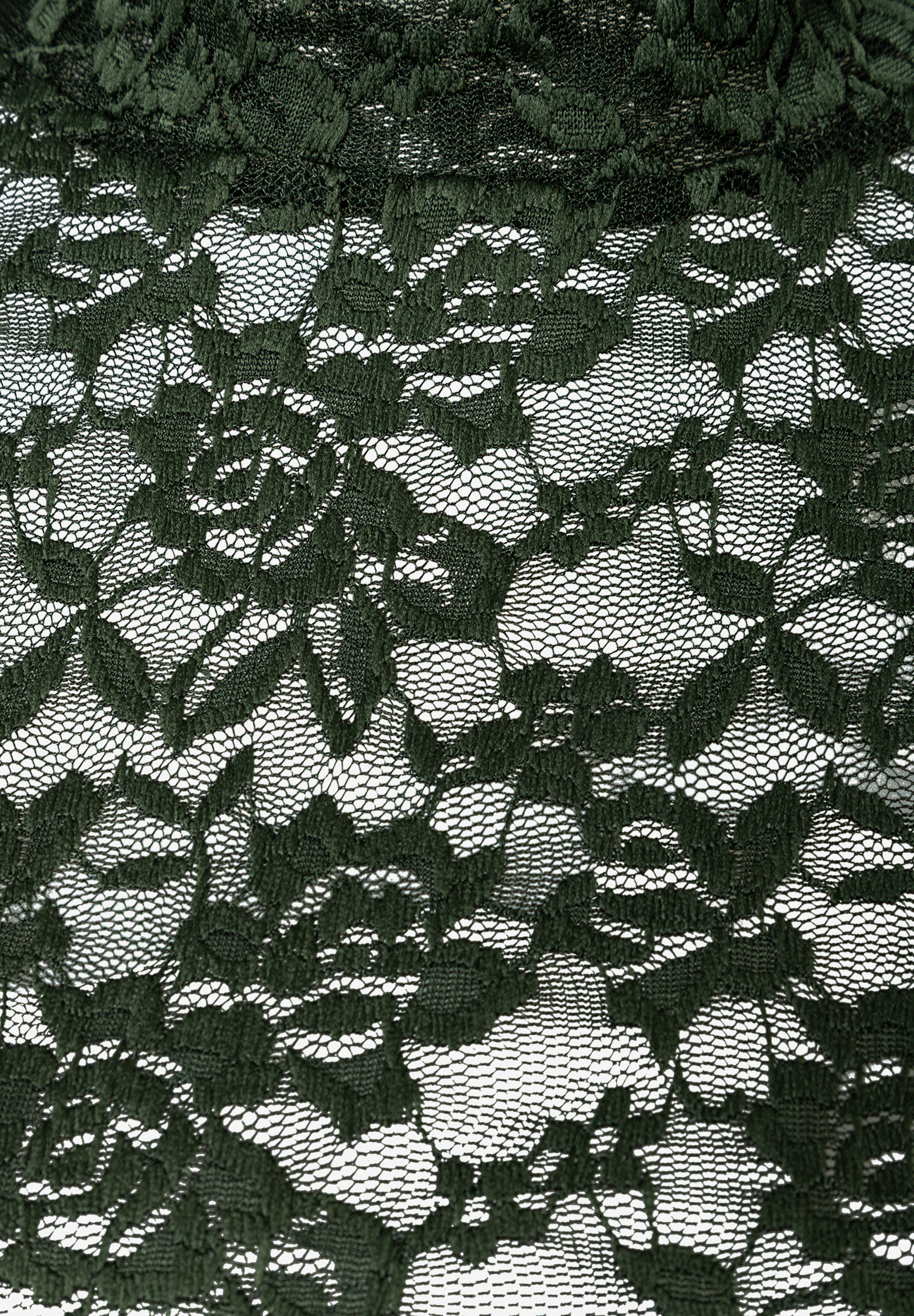 Dunkelgrünes MORE & MORE T-Shirt aus feiner Spitze, nah aufgenommen. Das Muster zeigt eine Mischung aus groben Maschen und floralen Motiven. Dunkelgrünes MORE & MORE T-Shirt aus feiner Spitze, nah aufgenommen. Das Muster zeigt eine Mischung aus groben Maschen und floralen Motiven.