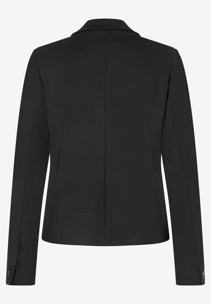 MORE & MORE Damen Blazer in Schwarz aus elastischem Jersey, Rückansicht. MORE & MORE Damen Blazer in Schwarz aus elastischem Jersey, Rückansicht.