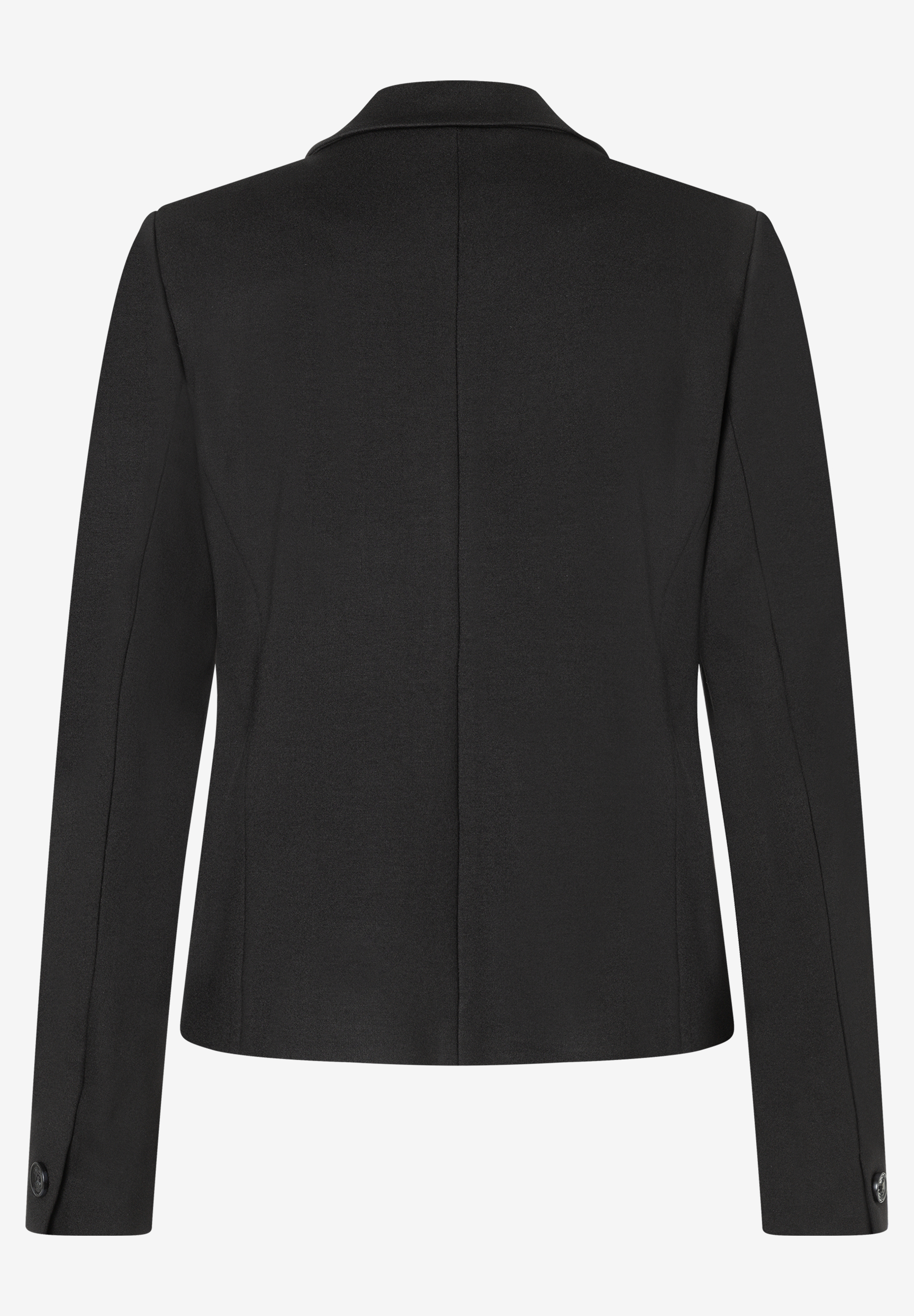 MORE & MORE Damen Blazer in Schwarz aus elastischem Jersey, Rückansicht. MORE & MORE Damen Blazer in Schwarz aus elastischem Jersey, Rückansicht.