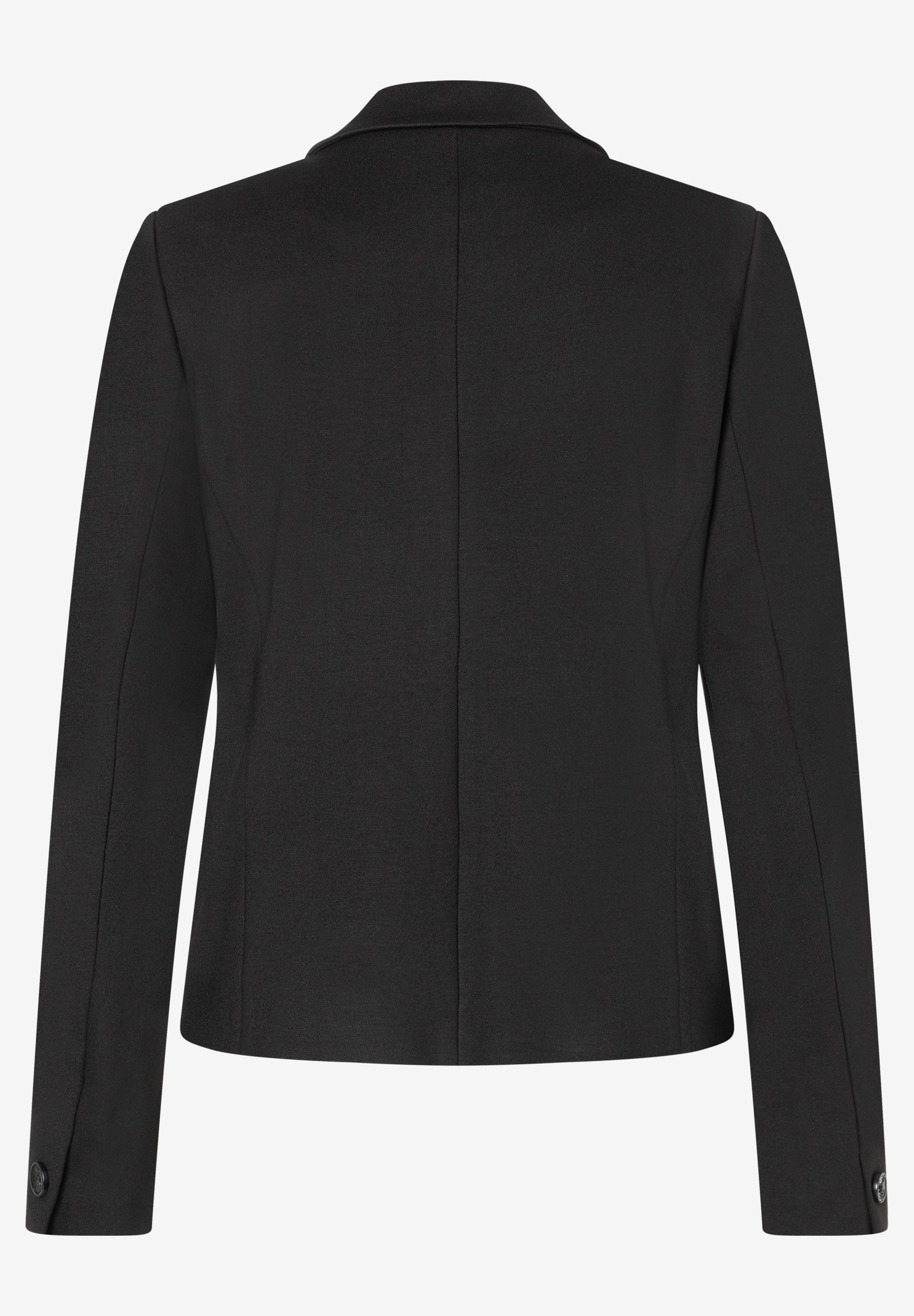 MORE & MORE Damen Blazer in Schwarz aus elastischem Jersey, Rückansicht. MORE & MORE Damen Blazer in Schwarz aus elastischem Jersey, Rückansicht.