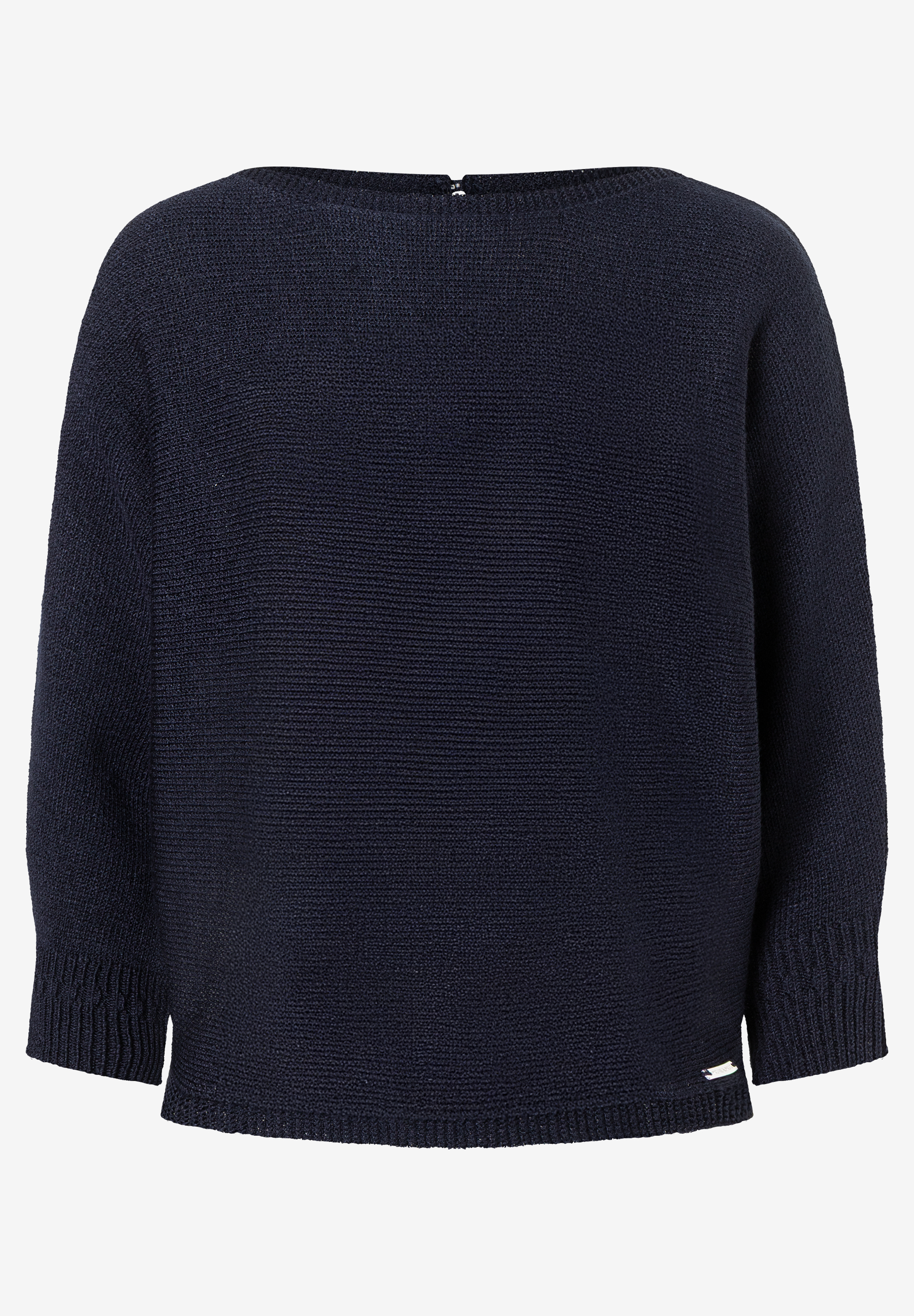 Ein dunkelblauer Strickpullover von MORE & MORE mit Rundhalsausschnitt liegt vor einem neutralen Hintergrund. Ein dunkelblauer Strickpullover von MORE & MORE mit Rundhalsausschnitt liegt vor einem neutralen Hintergrund.