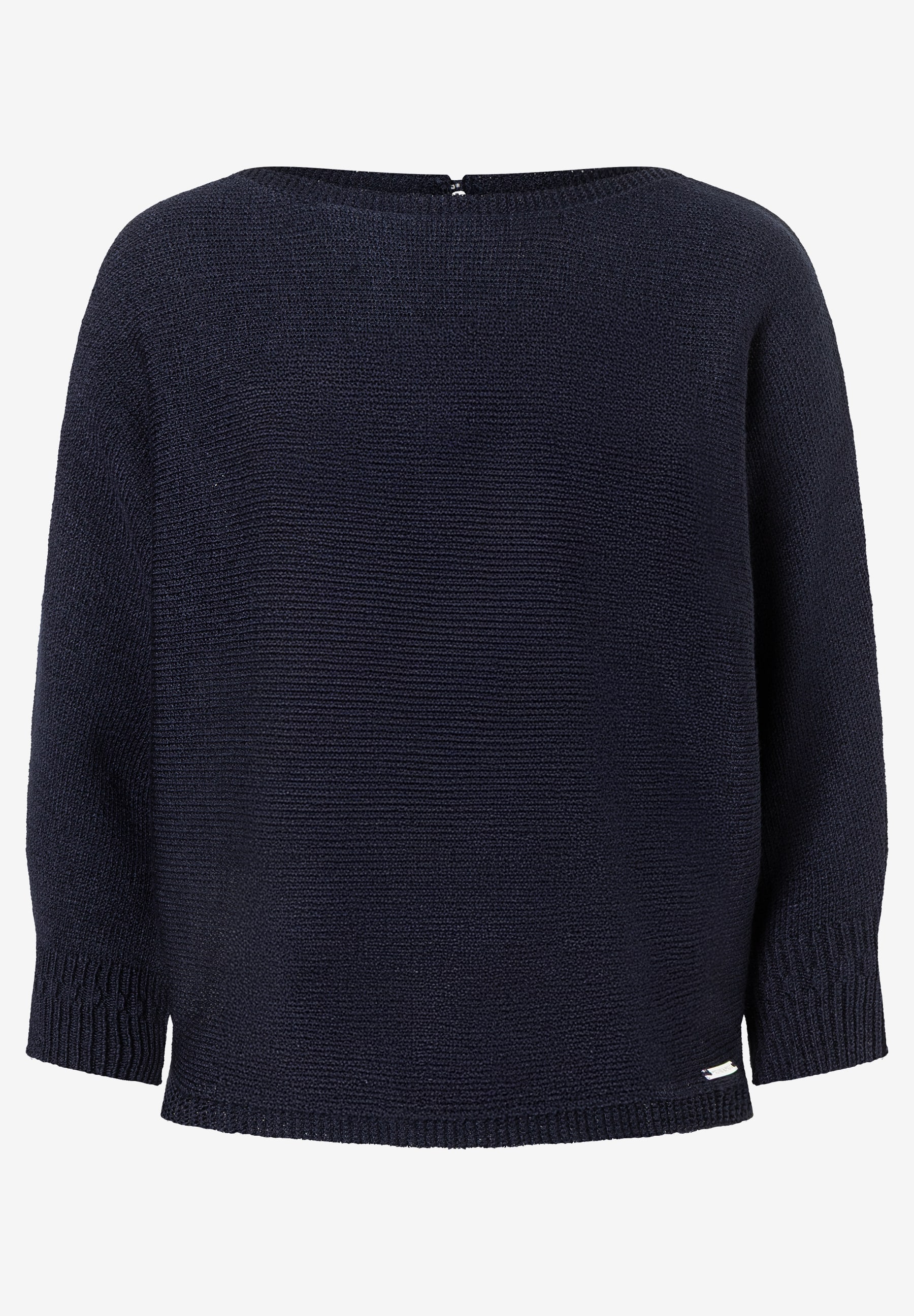 Ein dunkelblauer Strickpullover von MORE & MORE mit Rundhalsausschnitt liegt vor einem neutralen Hintergrund. Ein dunkelblauer Strickpullover von MORE & MORE mit Rundhalsausschnitt liegt vor einem neutralen Hintergrund.
