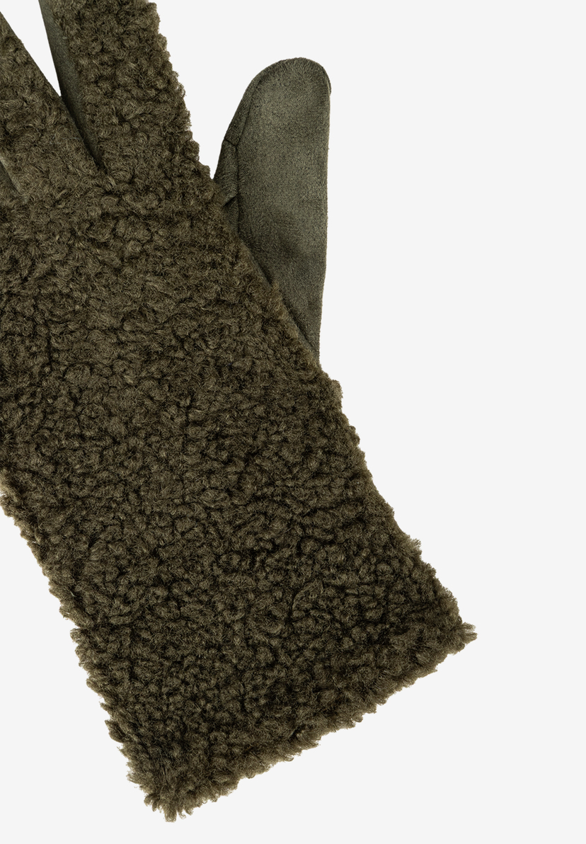 MORE & MORE dunkelgrüne, flauschige Handschuhe aus Teddystoff. Ein warmes Winter-Accessoire. Close-up, schräg von oben. MORE & MORE dunkelgrüne, flauschige Handschuhe aus Teddystoff. Ein warmes Winter-Accessoire. Close-up, schräg von oben.