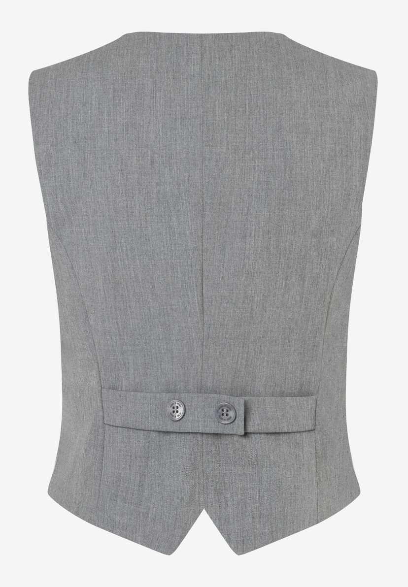 Rückenansicht eines grauen MORE & MORE Blazers aus Viskosemischung mit zwei Knöpfen zur Taillenregulierung. Rückenansicht eines grauen MORE & MORE Blazers aus Viskosemischung mit zwei Knöpfen zur Taillenregulierung.