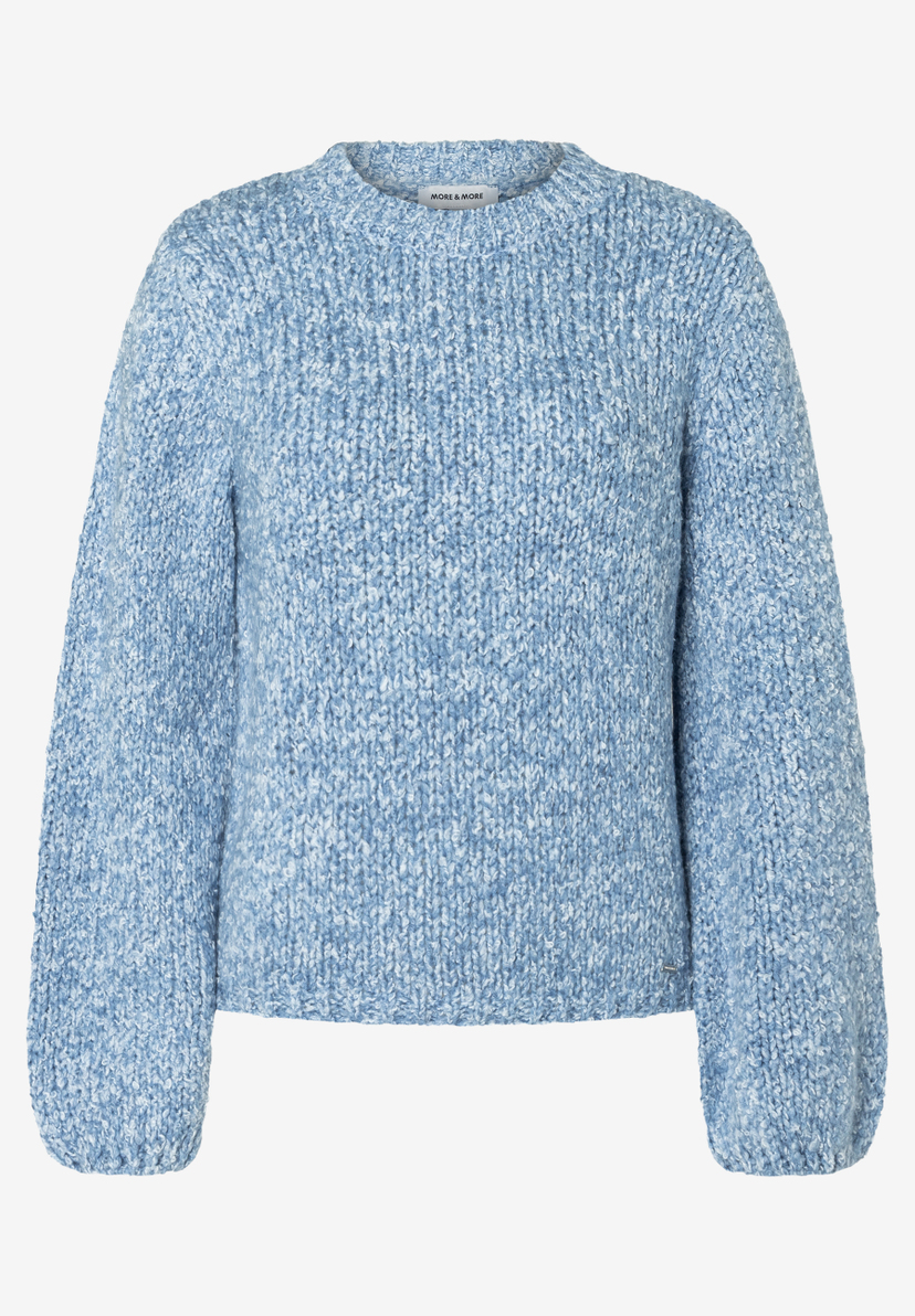 MORE & MORE Pullover in Hellblau, Grobstrick, meliert, mit Rundhalsausschnitt und langen Ärmeln, vorne mittig